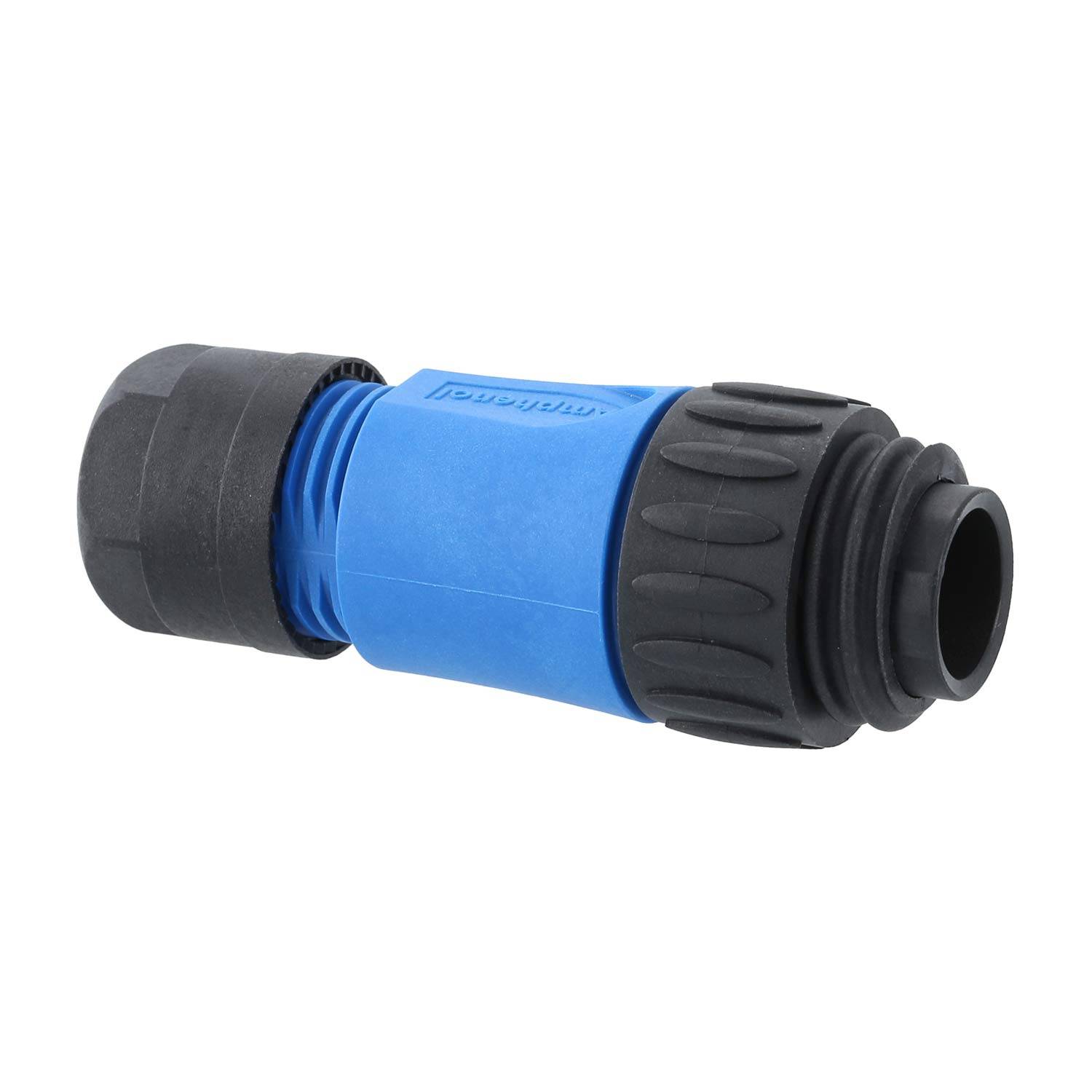 Ein blau-schwarzer zylindrischer Anschluss mit gerillten Griffen, verwendet für elektrische oder sanitäre Anwendungen, vor einem weißen Hintergrund.