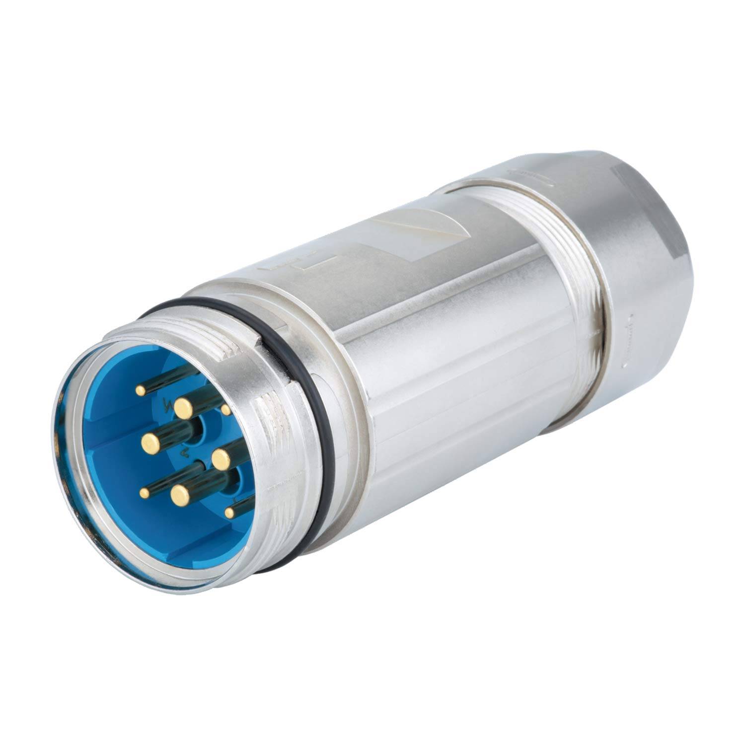 Ein zylindrischer Metallverbinder mit mehreren Messingbolzen in einem blauen Gehäuse, der für elektrische Verbindungen verwendet wird, aus einer seitlichen Perspektive dargestellt.