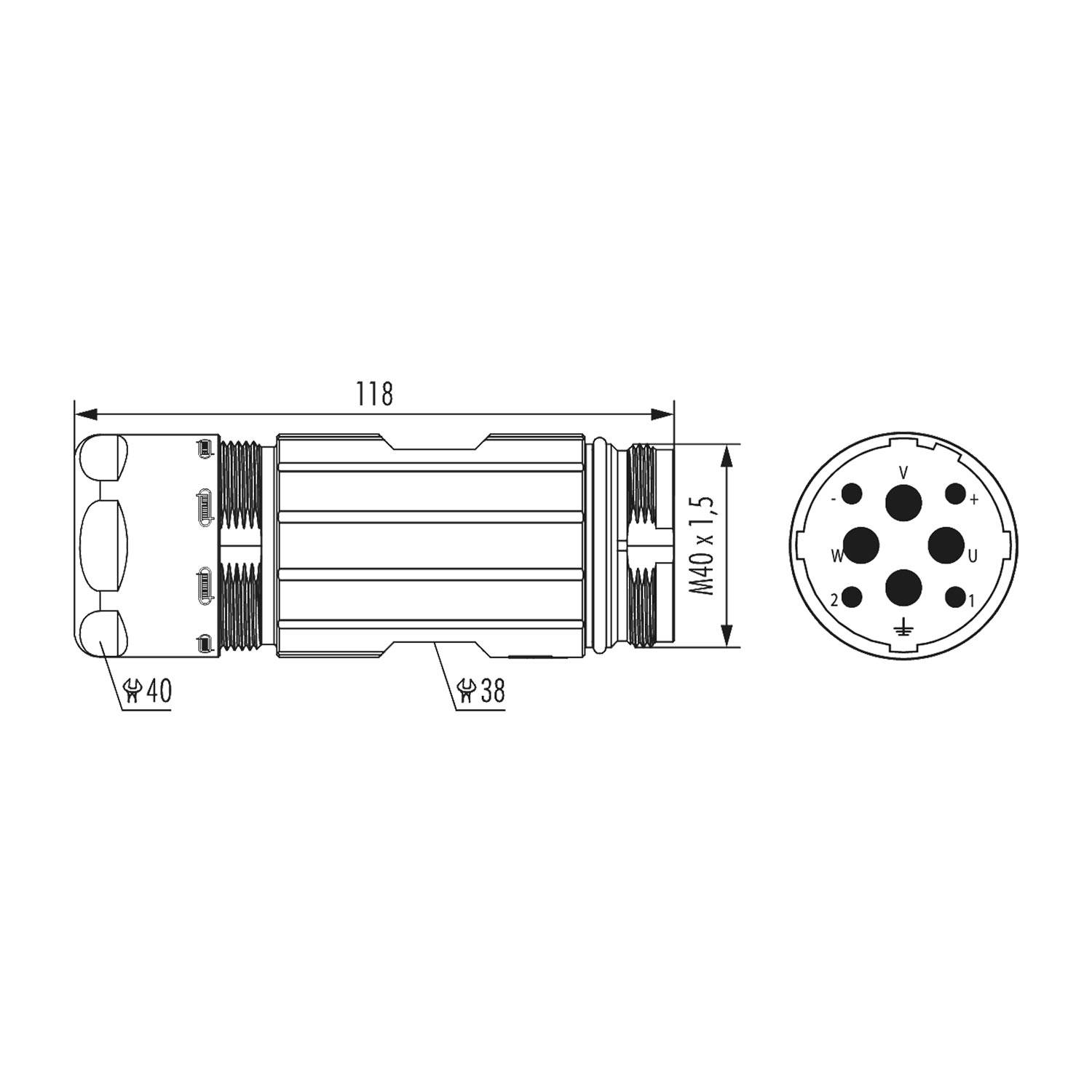 Technische Zeichnung eines zylindrischen Verbindungsstücks mit einem Durchmesser von 40 mm und einer Länge von 118 mm, mit 4 Löchern, die auf einer Seite markiert sind.