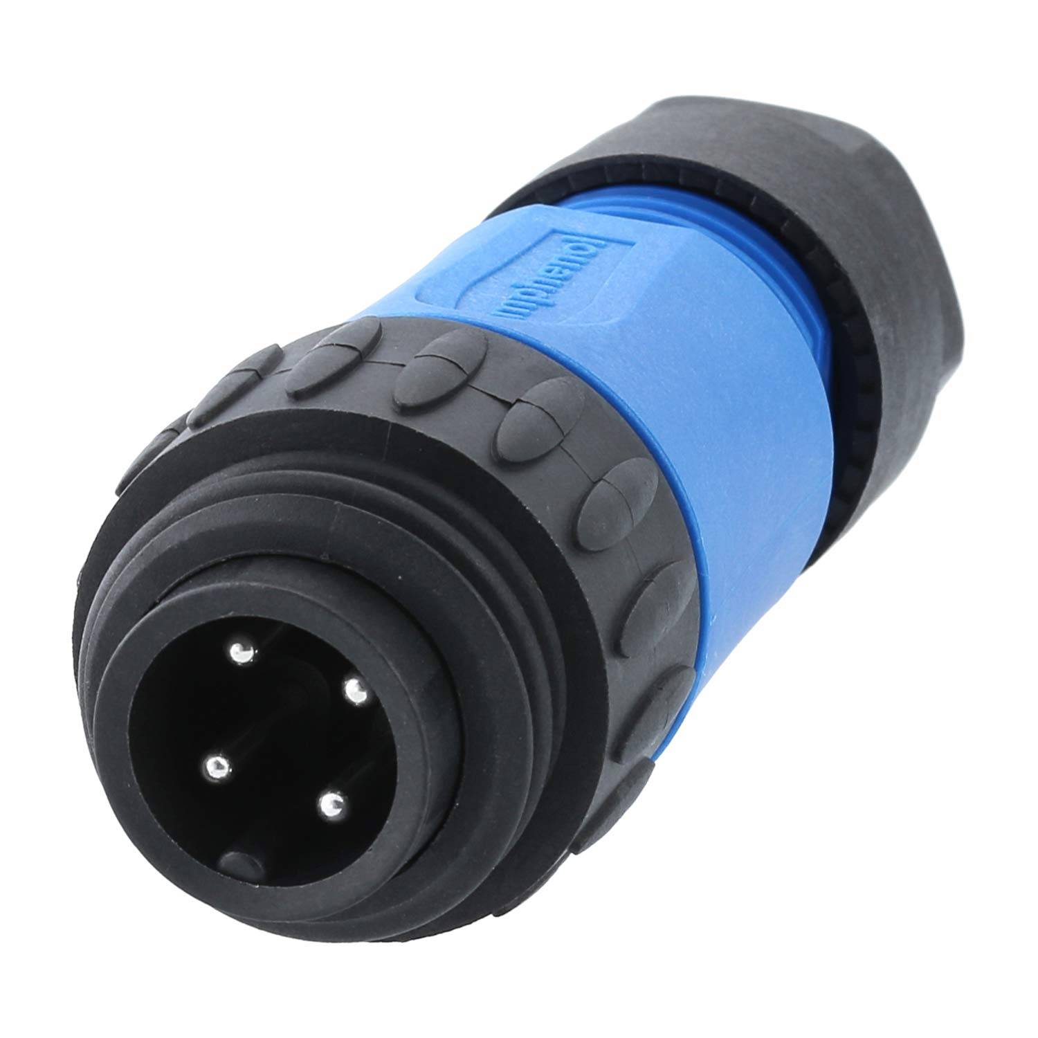 Ein blauer und schwarzer Vier-Pin-Elektroverbinder mit robustem Design für eine sichere Befestigung.