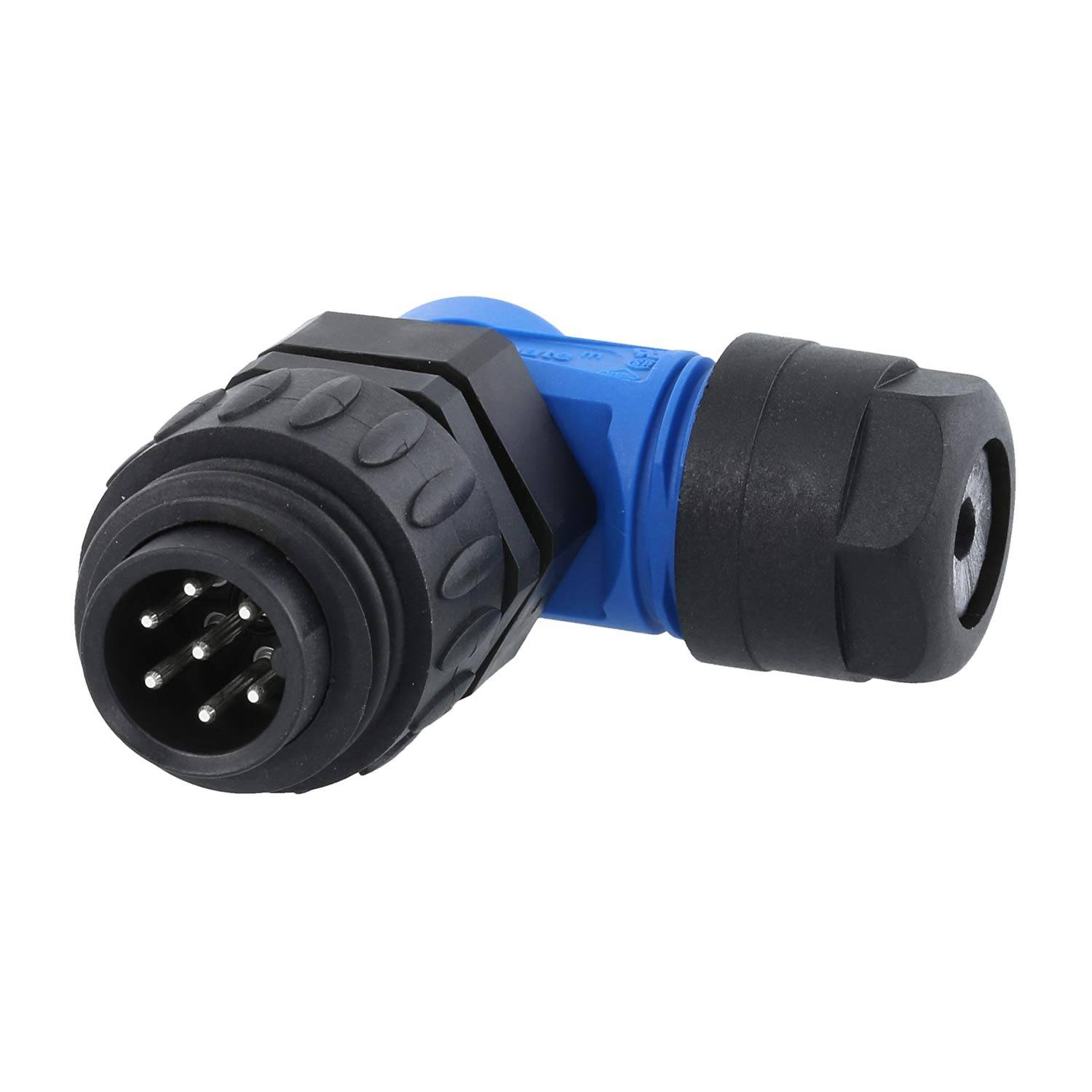 Rechtwinkliger elektrischer Verbinder mit schwarzer und blauer Ummantelung, ausgestattet mit mehreren Metallstiften für elektronische Anschlüsse.