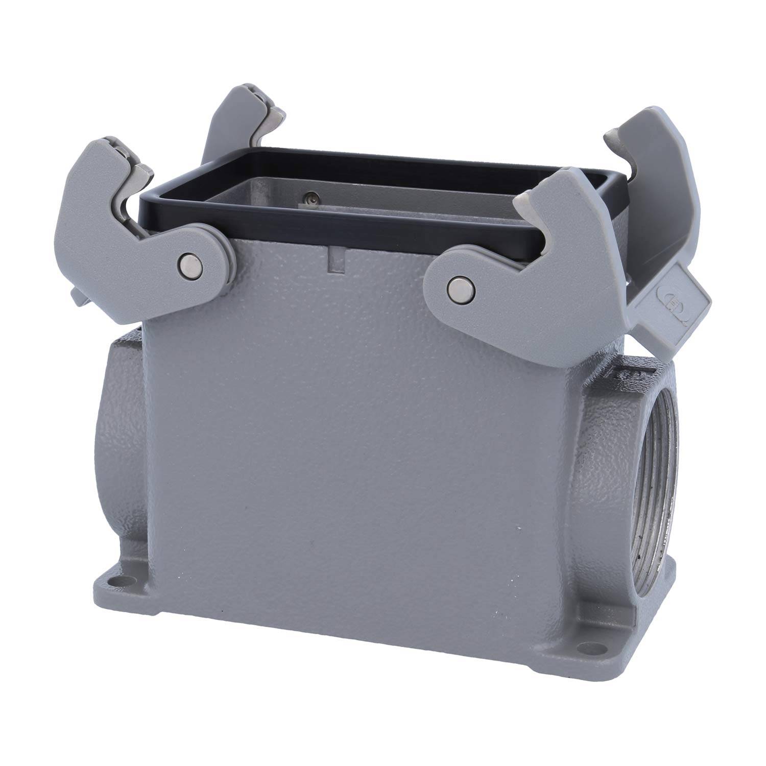 Ein grau-rechteckiges industrielles Anschlussgehäuse mit zwei Verriegelungshebeln an den Seiten, konzipiert für sichere elektrische oder mechanische Verbindungen.