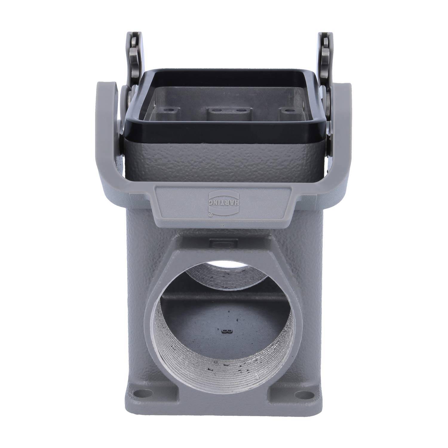 Ein grau industrieller Anschlussgehäuse mit quadratischer Oberseite und runder Unterseite-Öffnung, konzipiert zum sicheren Befestigen von elektrischen Komponenten.