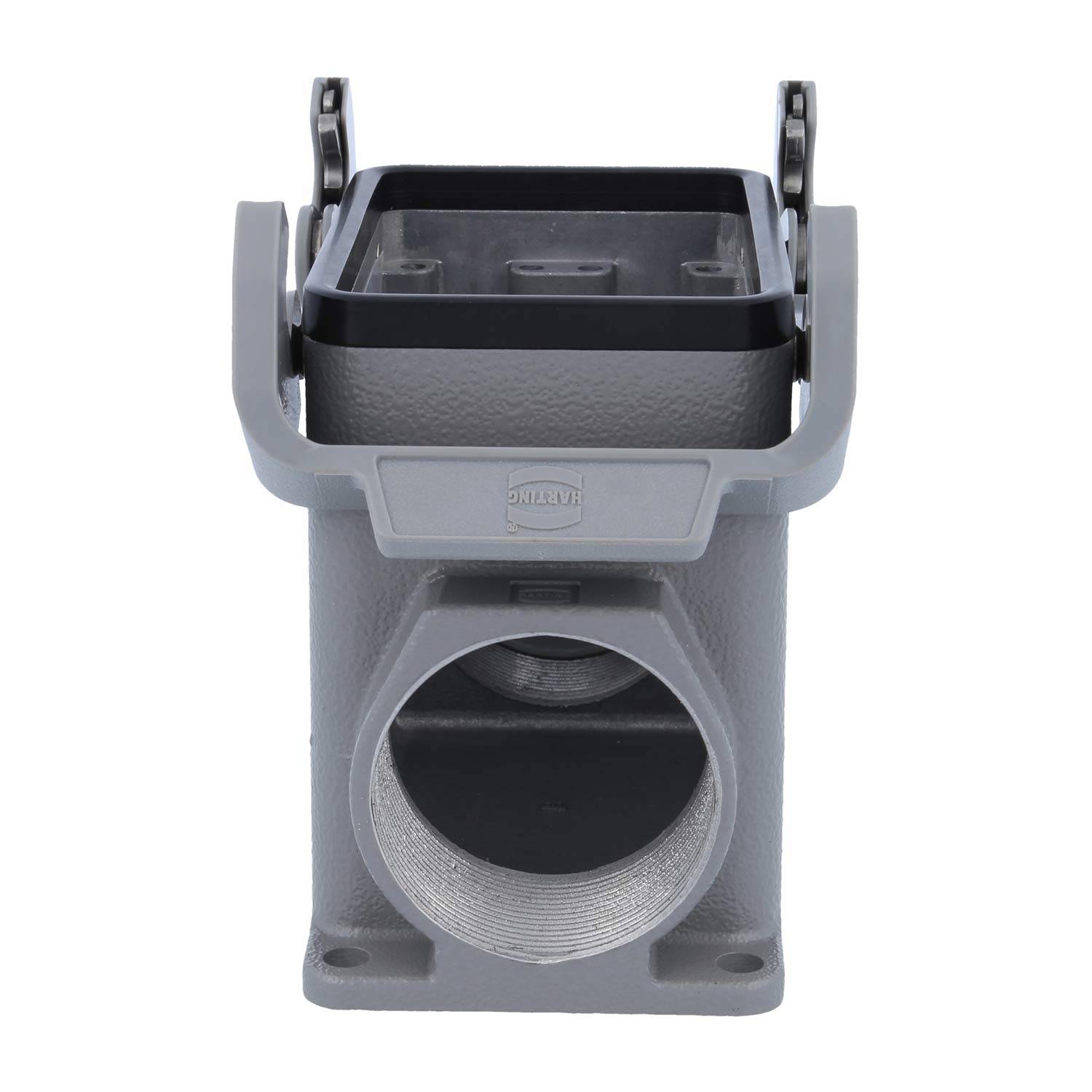 Ein grauer rechteckiger industrieller Anschlussgehäuse mit einer Öffnung oben, einem kreisförmigen Anschluss vorne und zwei seitlichen Verriegelungen, verwendet für Kabelverbindungen.