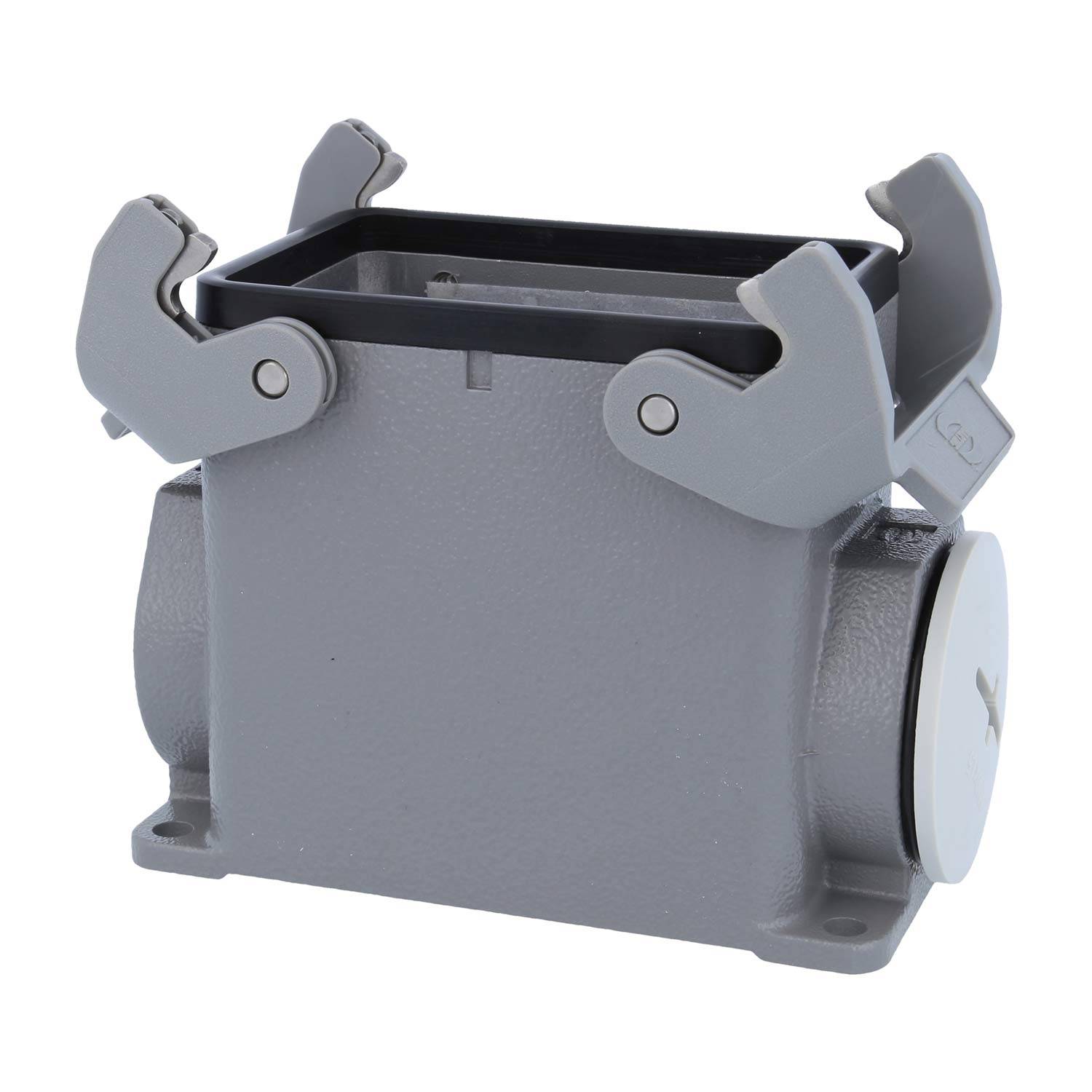 „Ein robustes industrielles rechteckiges Anschlussgehäuse mit grauer Oberfläche und vier Verschlussmechanismen für eine sichere Befestigung.