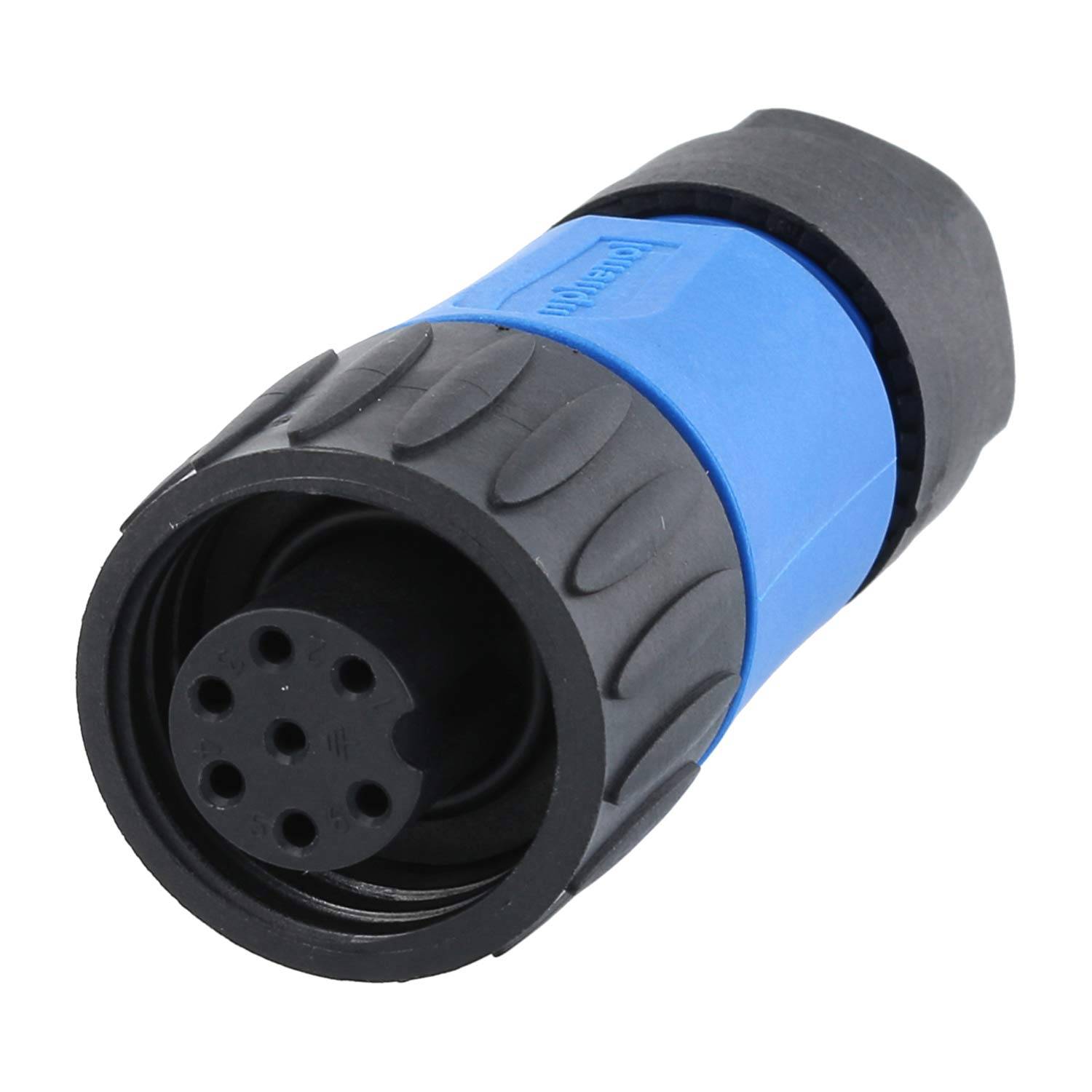 Eine Nahaufnahme eines blauen und schwarzen kreisförmigen Steckverbinders mit mehreren freiliegenden Pins, der für elektrische oder Audio-Geräteverbindungen konzipiert ist.