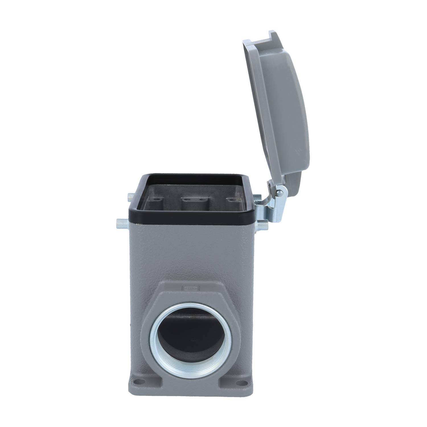 Eine graue elektrische Unterputzdose mit offener Abdeckung, die eine kreisförmige Öffnung an der Vorderseite und einen rechteckigen Einbauraum im Inneren zeigt.