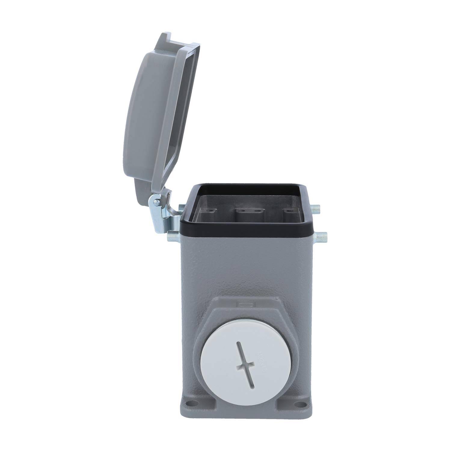 Graue industrielle Elektrosteckdose mit hochgeklappter Schutzabdeckung, die das Innere der Steckdose freilegt. Vordere kreisförmige Steckerdeckel geschlossen.