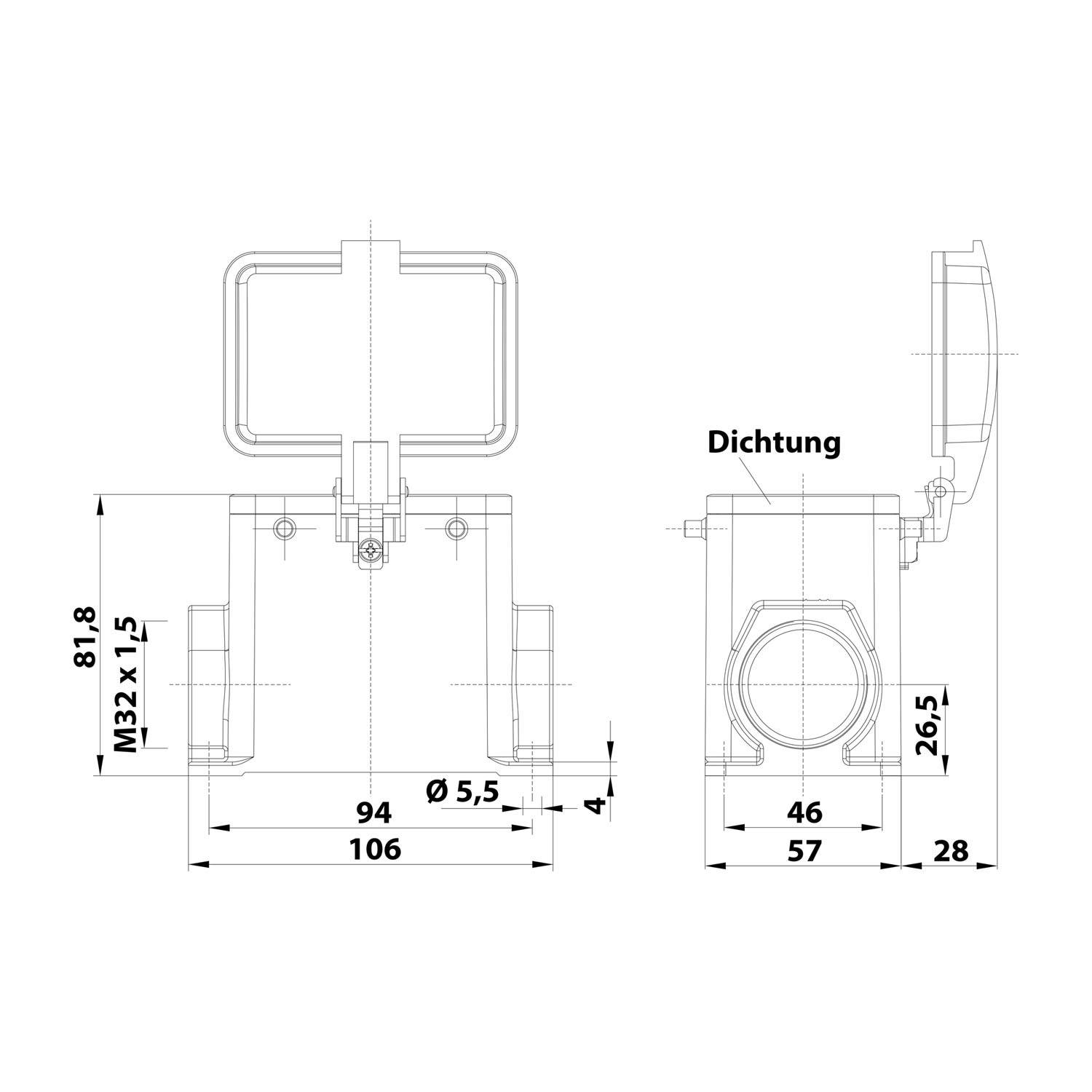 Technische Zeichnung zeigt Abmessungen eines Geräts mit Abdeckung. Breite: 106mm, Höhe: 81,8mm, Tiefe: 46mm. Markiert mit 'Dichtung'.