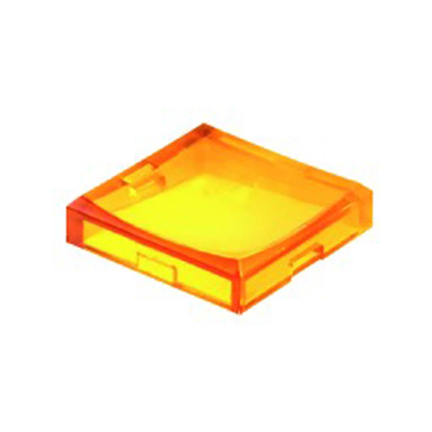 Eine kleine, quadratische, transparente orangefarbene Box mit abnehmbarem Deckel, die typischerweise zum Aufbewahren von kleinen Gegenständen oder zum Organisieren von Schreibtischzubehör verwendet wird.