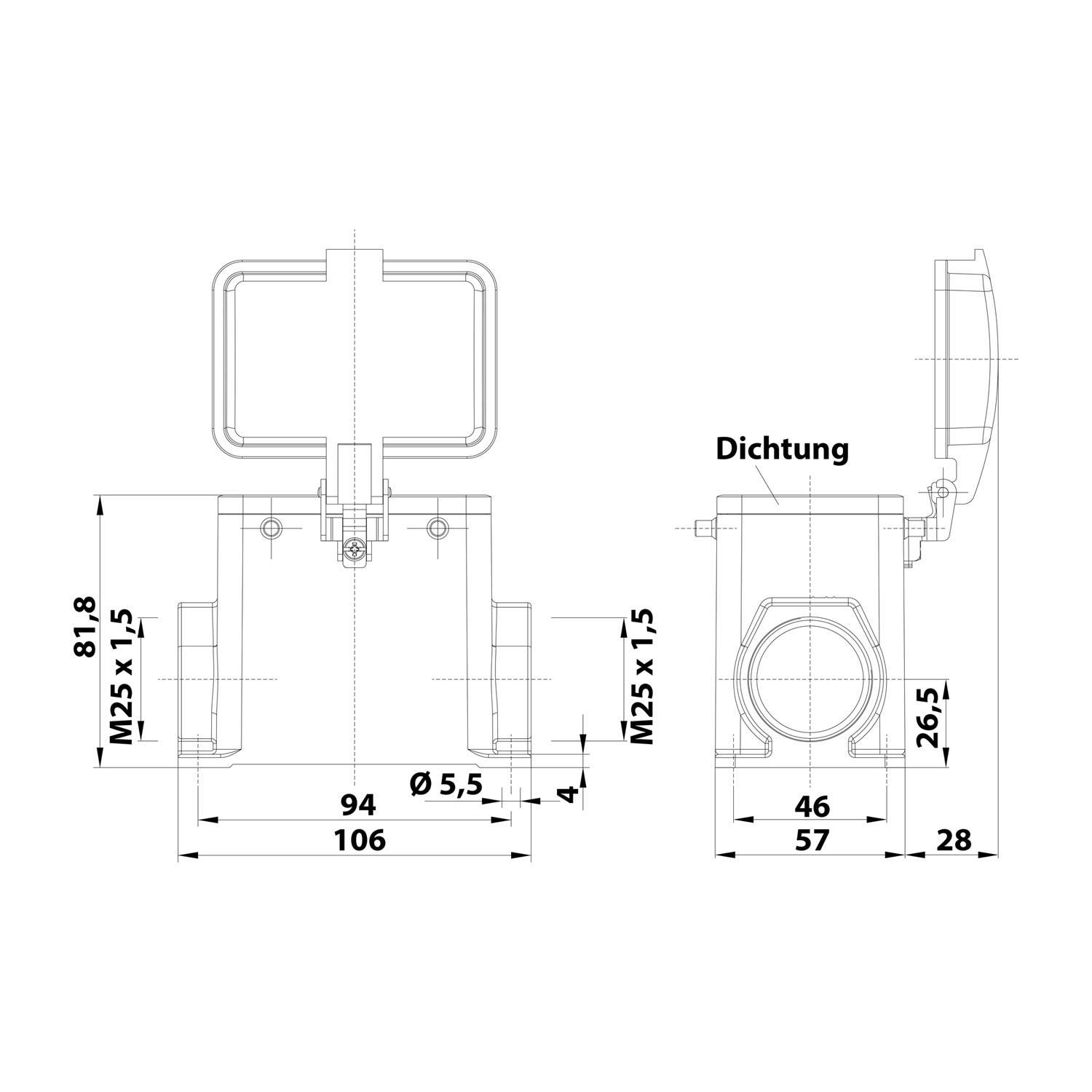 Technische Zeichnung eines Geräts mit Abmessungen. Linke Ansicht zeigt eine Höhe von 81,8 mm und weitere Maße. Rechte Ansicht gibt die Breite von 46 mm an.