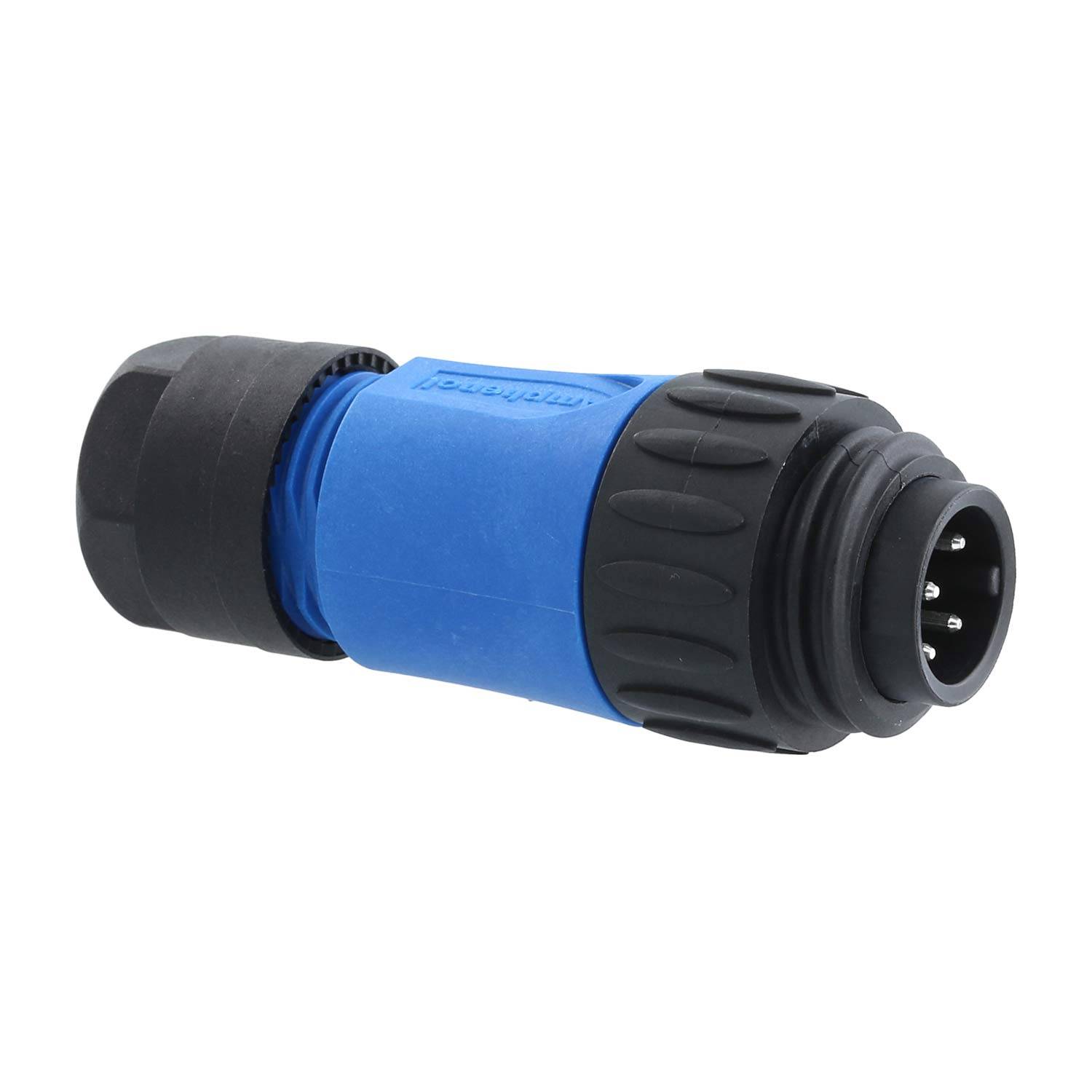 Blauer und schwarzer elektrischer Verbinder mit einem Stecker, der drei Metallstifte aufweist und für sichere Kabelverbindungen in professionellen Umgebungen verwendet wird.