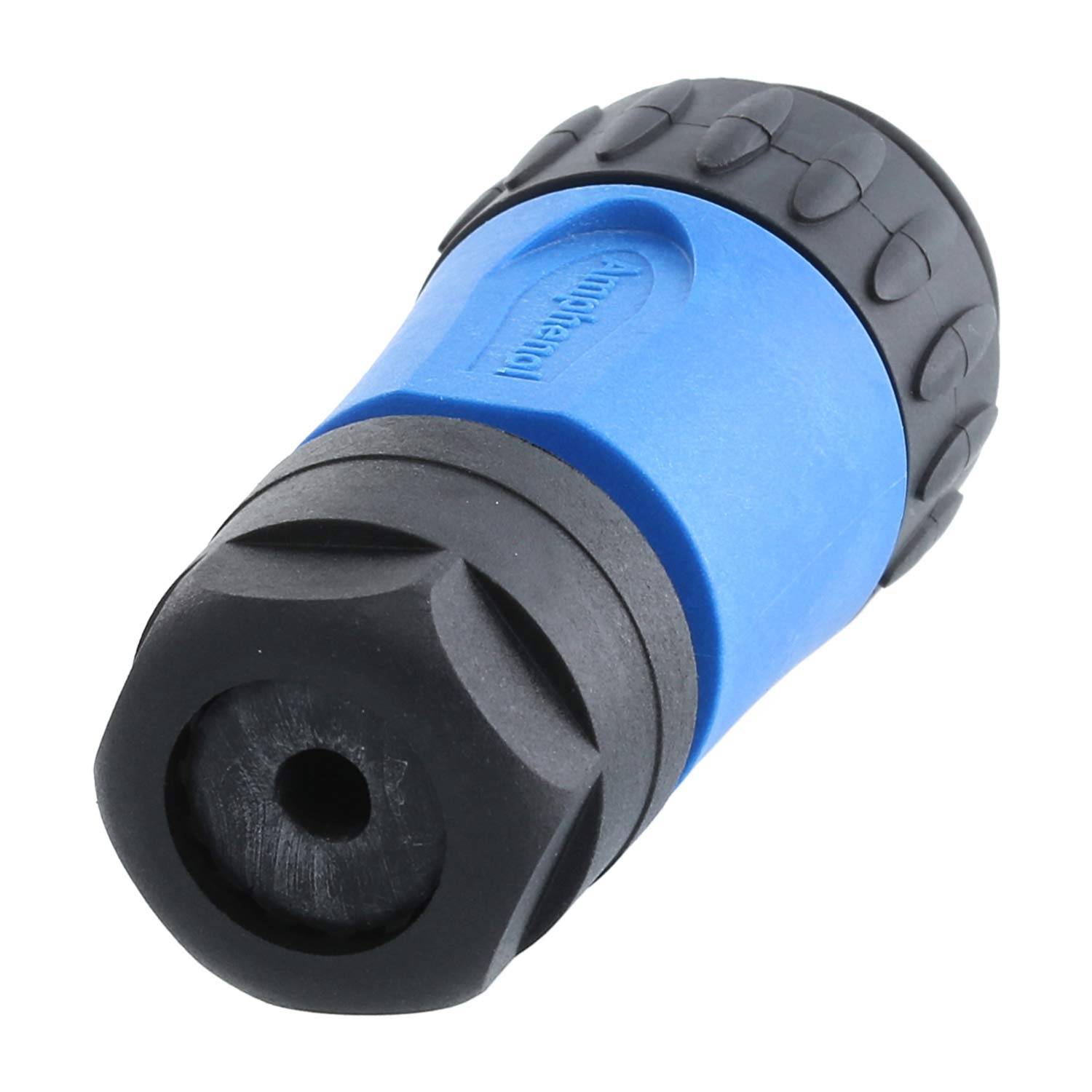 Blauer und schwarzer Schlauchverbinder, schräge Ansicht, verwendet für Schlauchbefestigung.
