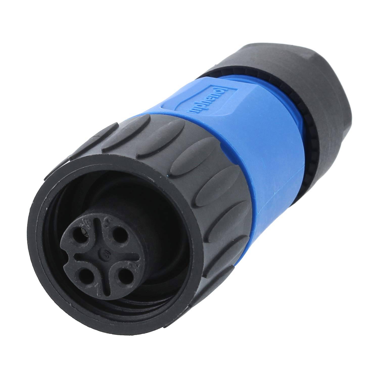 Ein blau-schwarzer elektrischer Anschluss mit kreisförmigem Design, der vier Löcher für Stecker aufweist. Der Markenname ist auf dem blauen Abschnitt sichtbar.