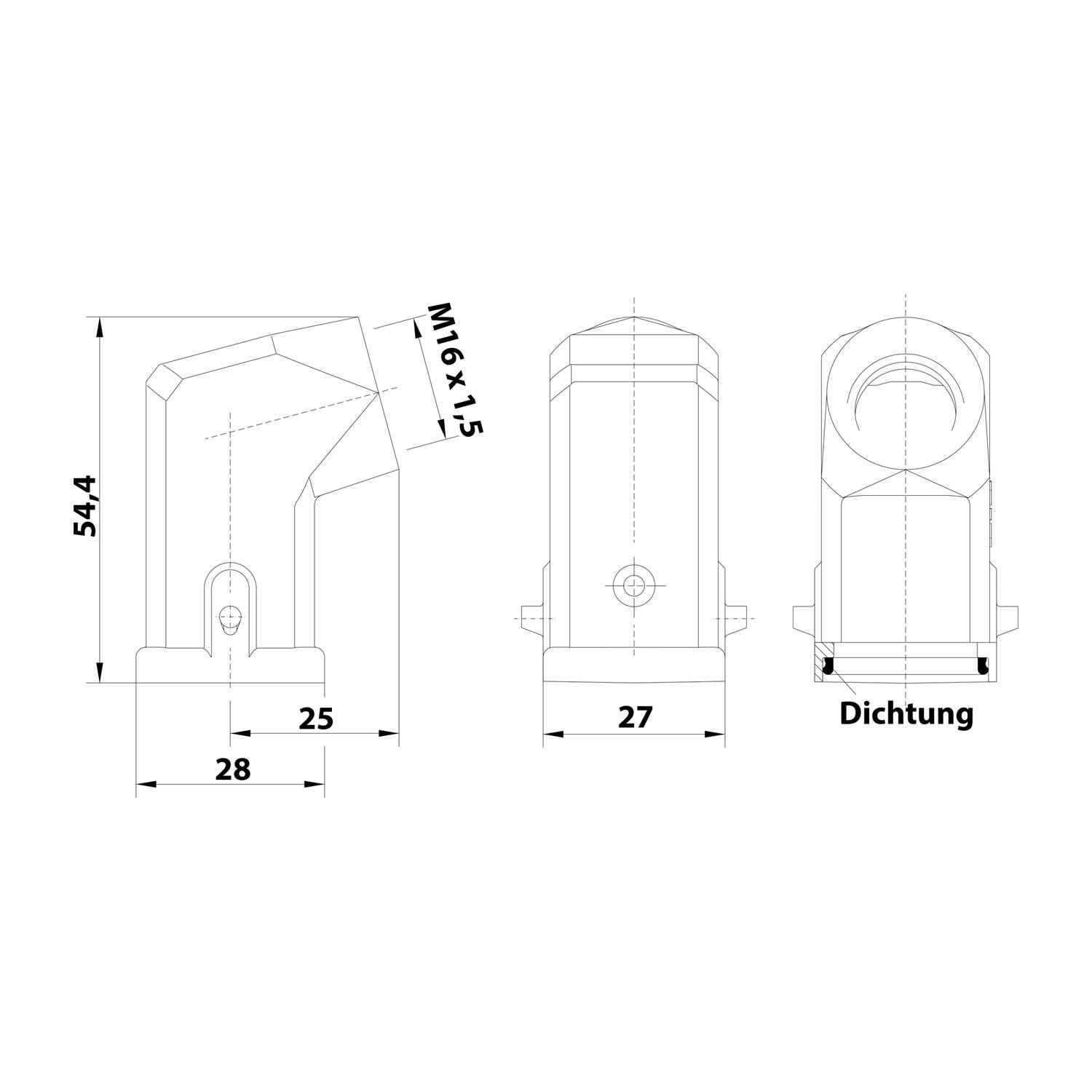 05200031642 HARTING Han 3A Tüllengehäuse mit eingeklebter Dichtung, 1xM16 seitlicher Kabelabgang, für 1 Bügel (am