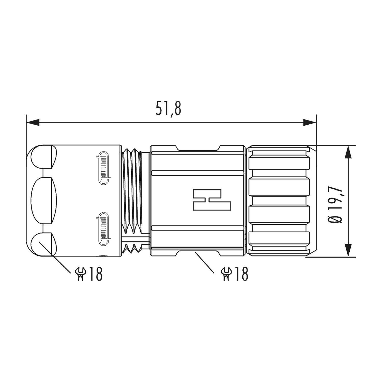 Technische Zeichnung einer zylindrischen Komponente mit Maßen. Länge: 51,8 mm, Durchmesser: 19,7 mm. Sechskantmuttern: 18 mm.
