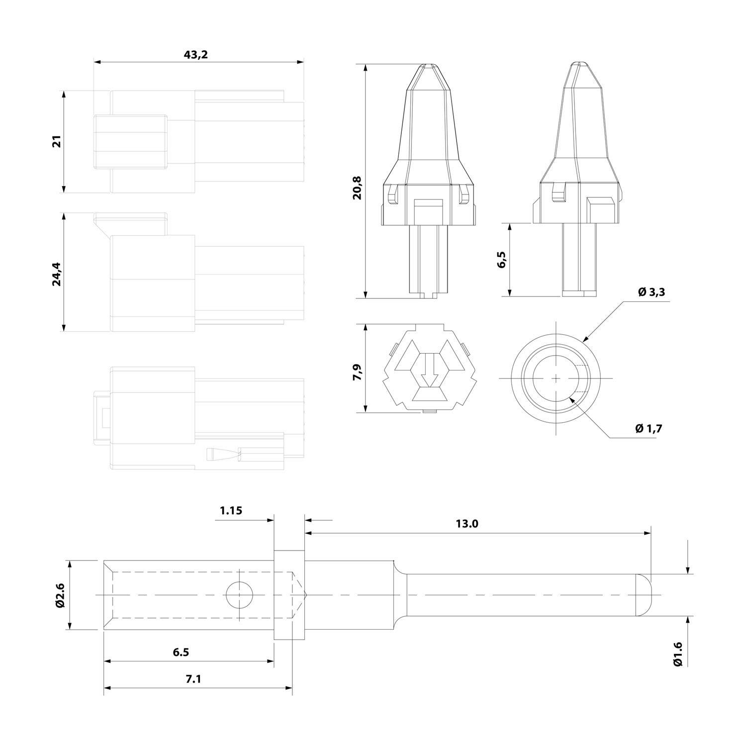 Technische Zeichnung eines Bohrers mit verschiedenen Ansichten und beschrifteten Abmessungen, einschließlich Länge, Durchmesser und Querschnittsdetails.