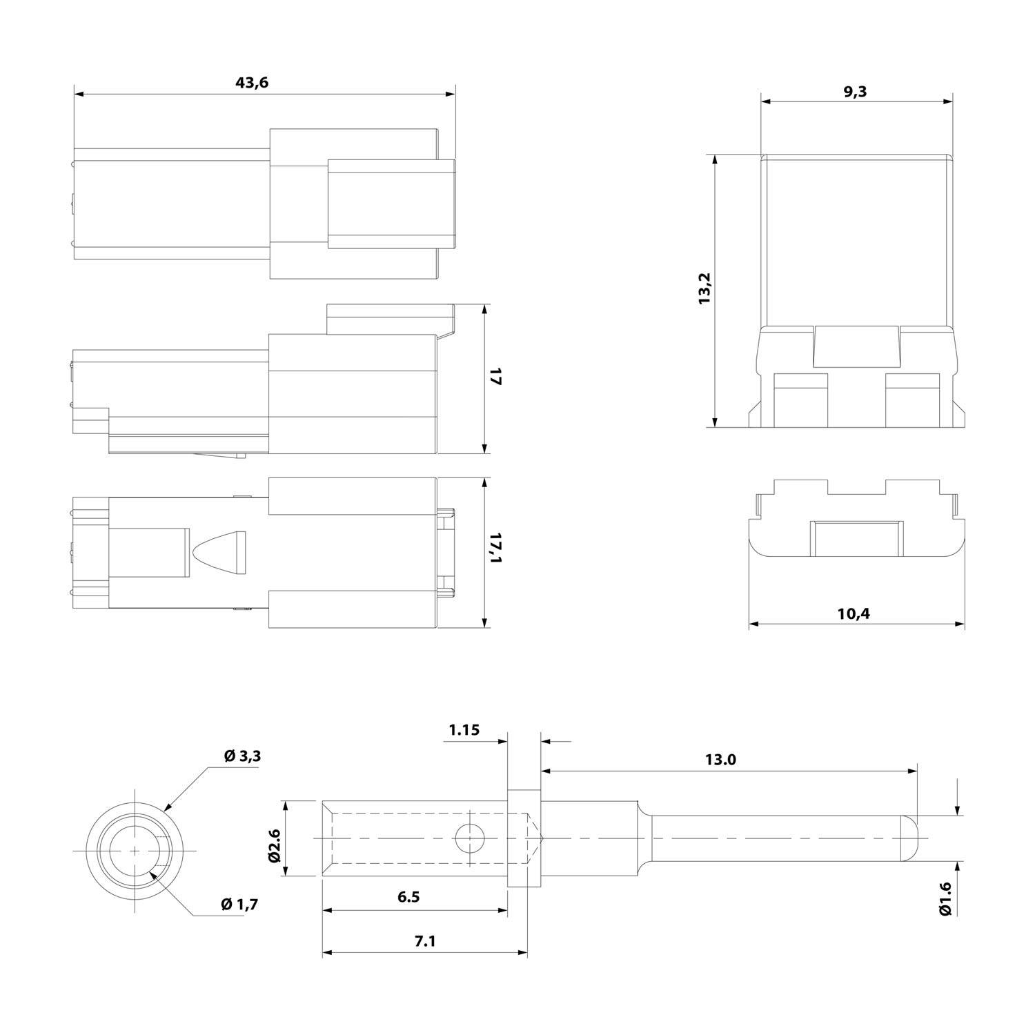 Technische Zeichnung eines zylindrischen Objekts mit detaillierten Abmessungen: 43,6, 9,3, 13,2, 10,4 und andere in Millimetern; verschiedene Ansichten dargestellt.