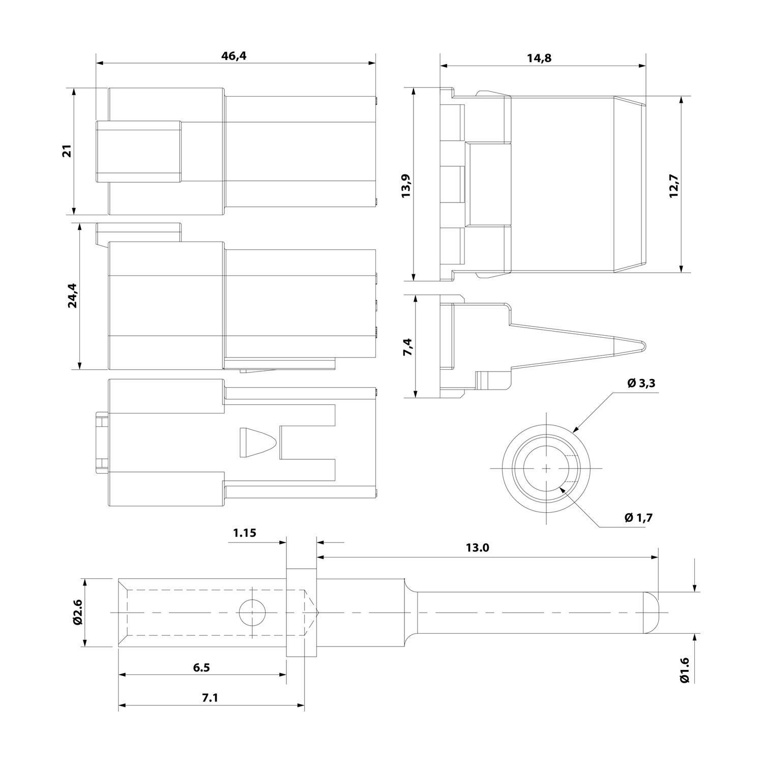 AT04-6P-KIT01 Amphenol AS-6SM 106 SET-Kabelstecker AT-Serie Stift, 6-polig, Crimpanschluss Isolationsdurchmesser 2,24mm