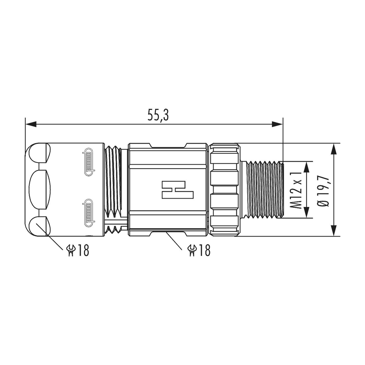 Technische Zeichnung eines zylindrischen Verbindungsstücks mit Abmessungen: Länge 55,3 mm, Gewindelgröße M12x1, Durchmesser 19,7 mm, Schlüsselweite 18 mm.
