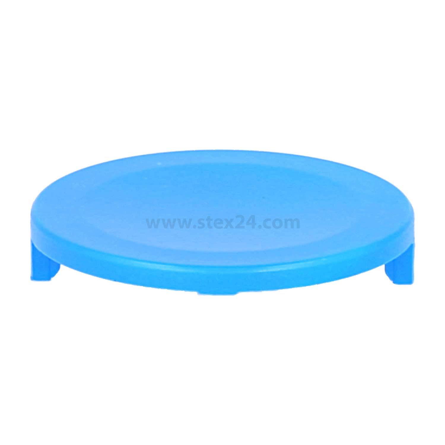 Ein blauer, runder Deckel aus Kunststoff mit zwei kurzen Haltetabs, geeignet zum Verschließen eines Behälters.