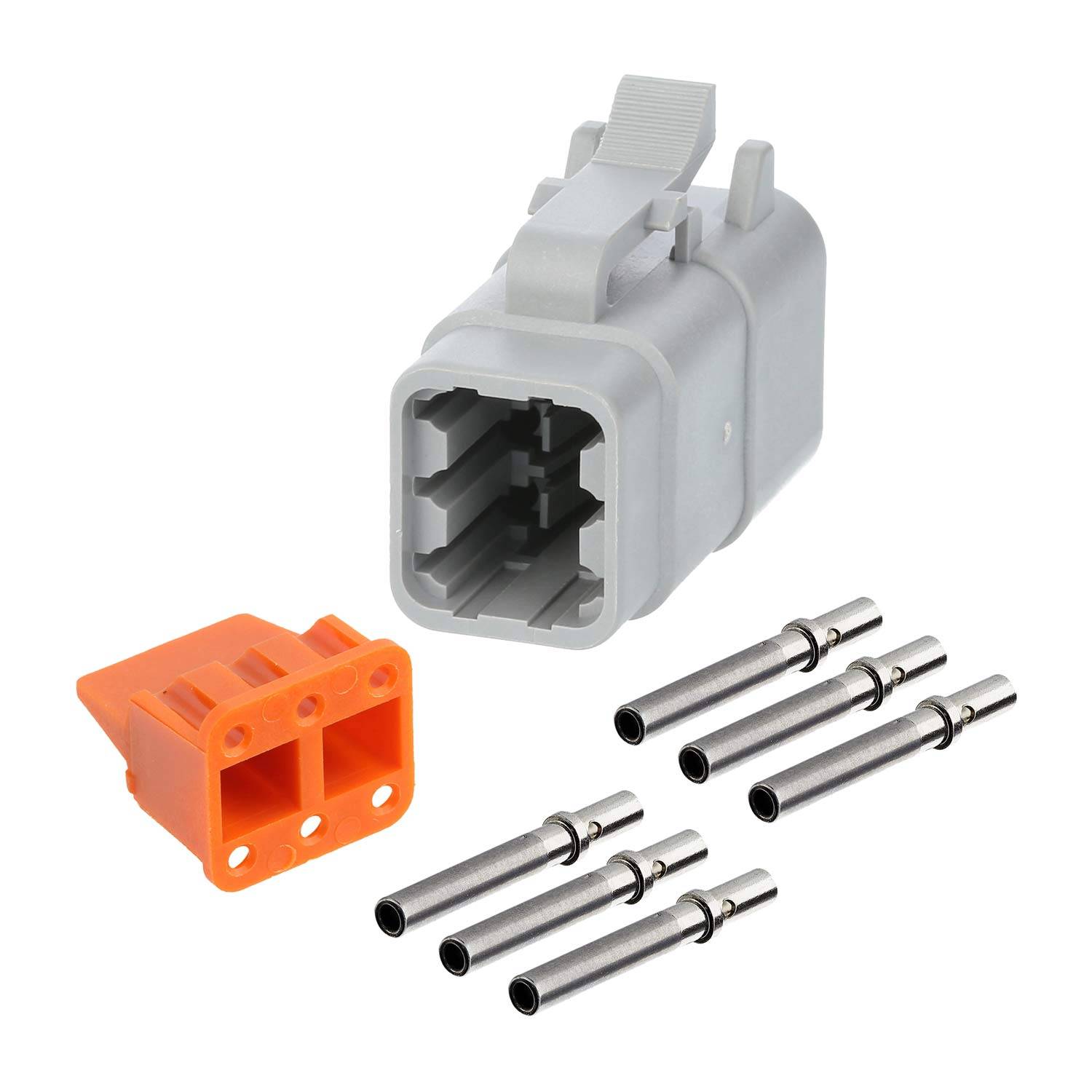 Ein grau-silbernes Anschlussgehäuse mit einem Clip, ein orangefarbener Einsatz und sechs Metall-Anschlusspins, separat dargestellt.