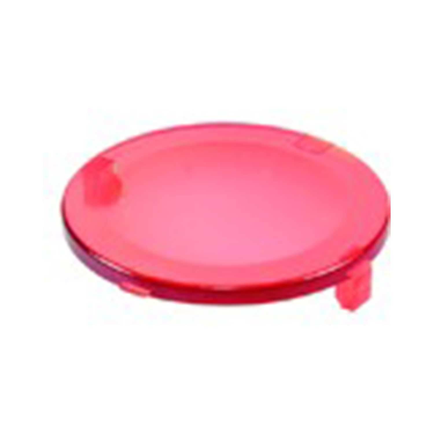 Ein rundes, transparentes rotes Objekt, das einer Linse oder einem Abdeckung ähnelt, das vor einem weißen Hintergrund gezeigt wird.