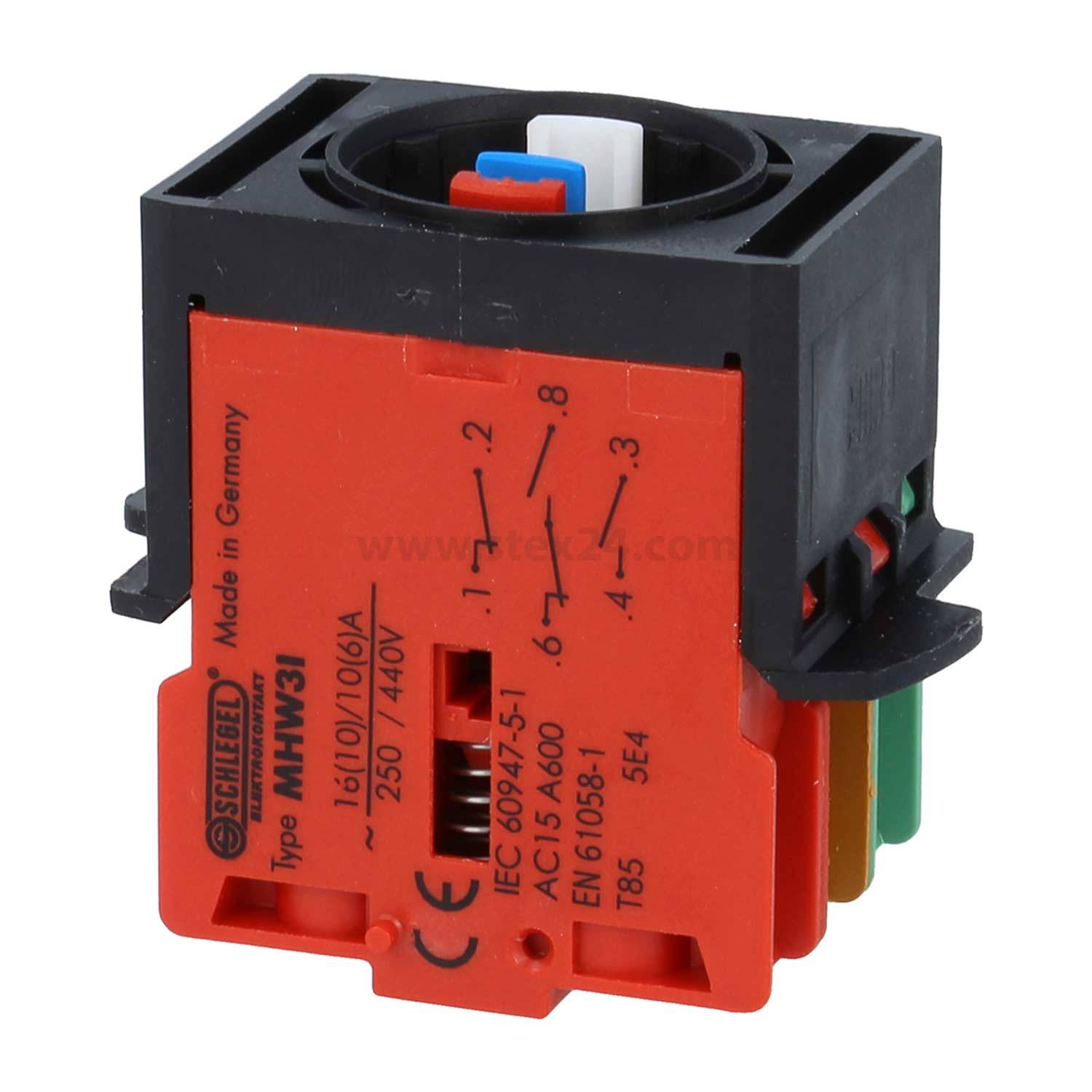 Eine schwarze und rote elektrische Schaltkomponente mit mehreren Anschlussklemmen, beschriftet mit 'MNW31', die ihre Funktion und Spezifikationen anzeigt.