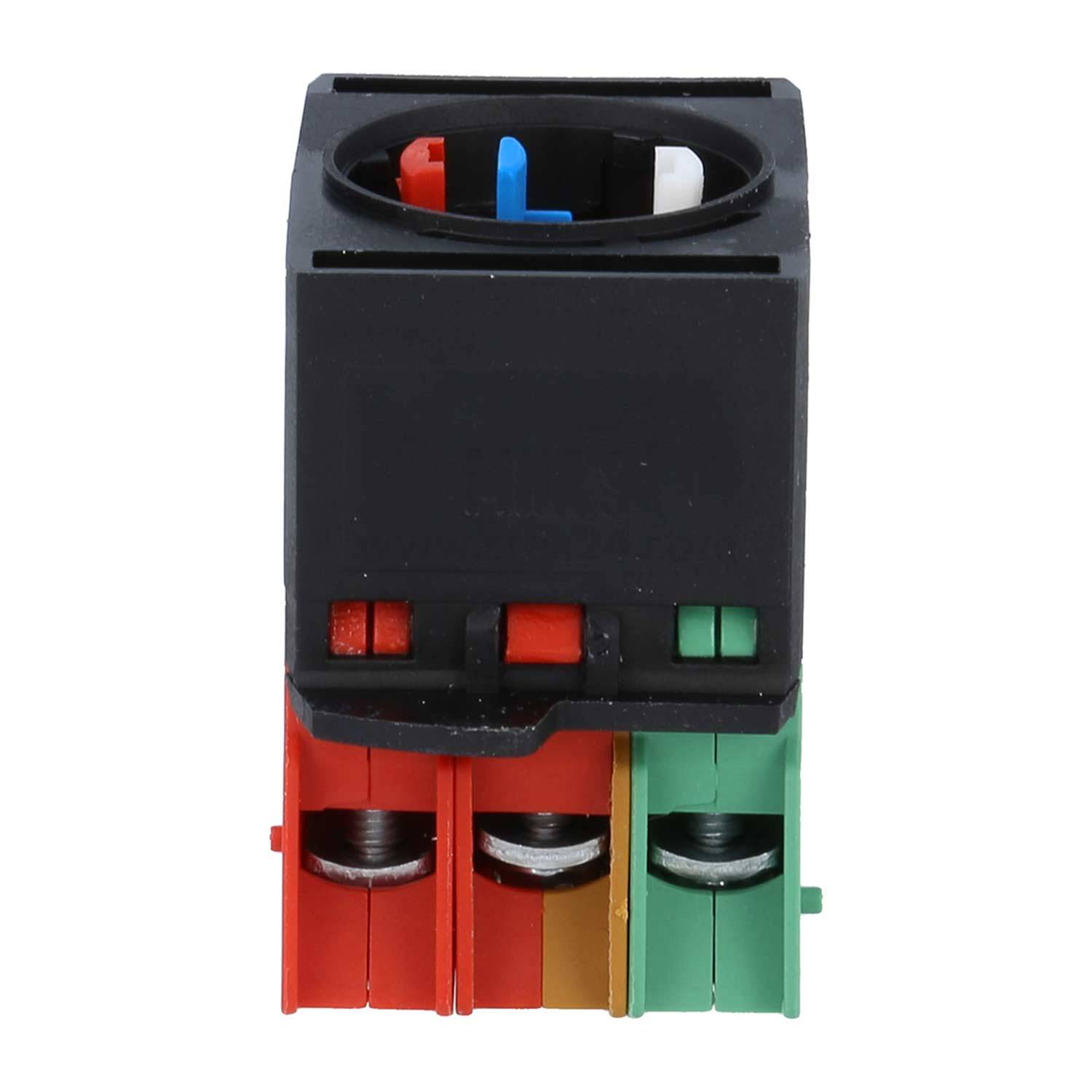 Schwarze elektrische Komponente mit einer kreisförmigen Öffnung an der Oberseite; ausgestattet mit farbigen Einsätzen: rot, gelb und grün, jeweils mit Metallschraubklemmen.