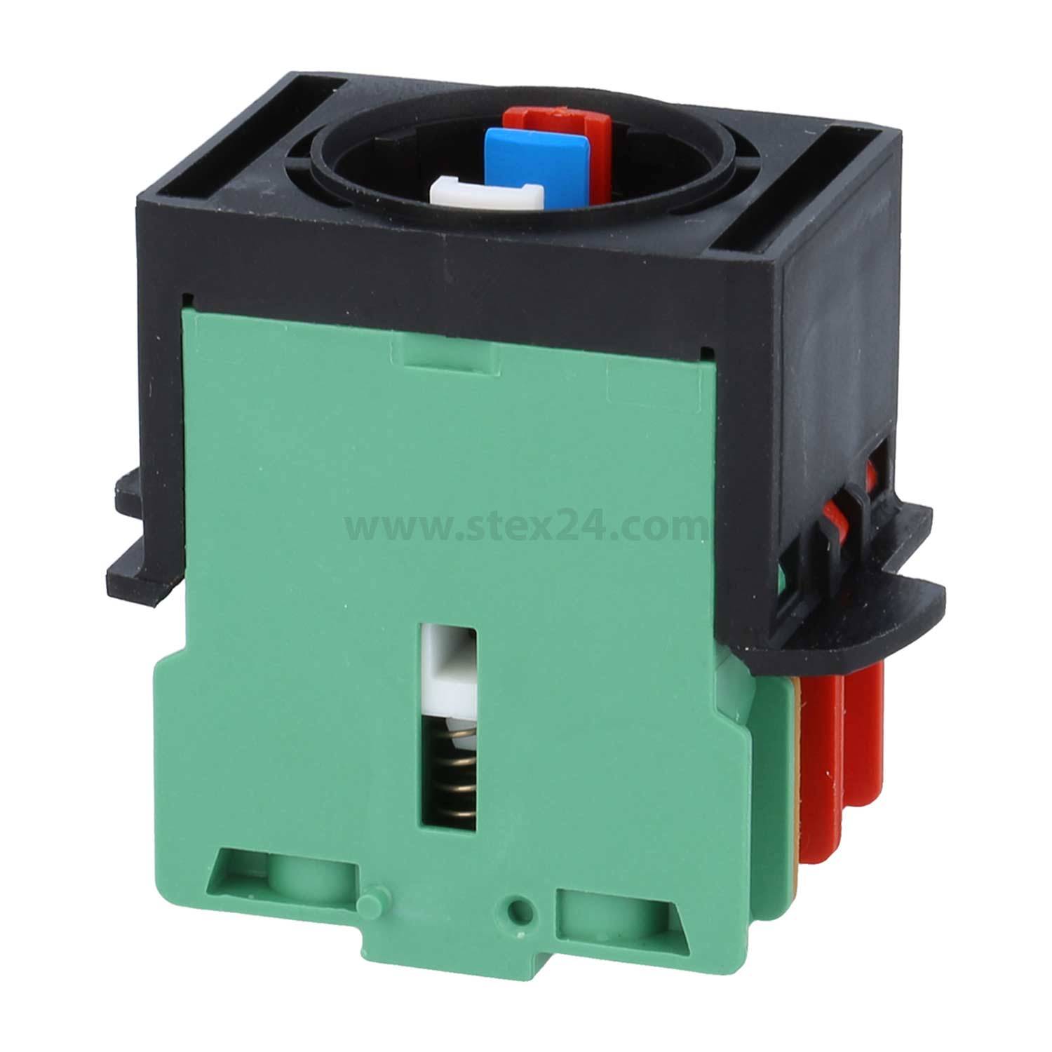 Ein schwarzer und grüner rechteckiger elektronischer Baustein mit roten und blauen Anschlüssen, der eine sichtbare Schraubenspule an einer Seite zeigt.