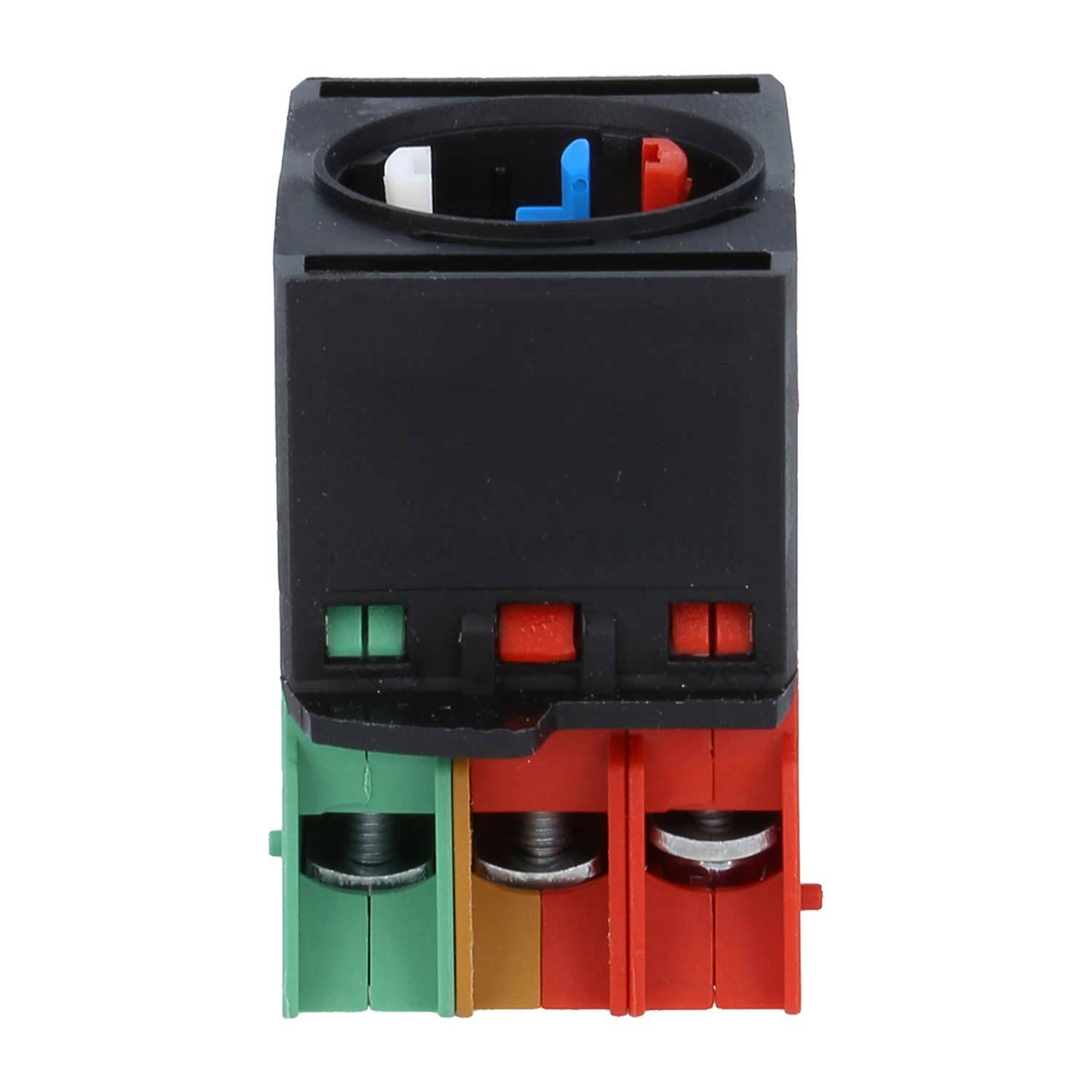 Ein schwarzer, mehrfarbiger Klemmenblock mit roten, grünen und gelben Abschnitten, jeweils mit einer entsprechenden Schraubverbindung.