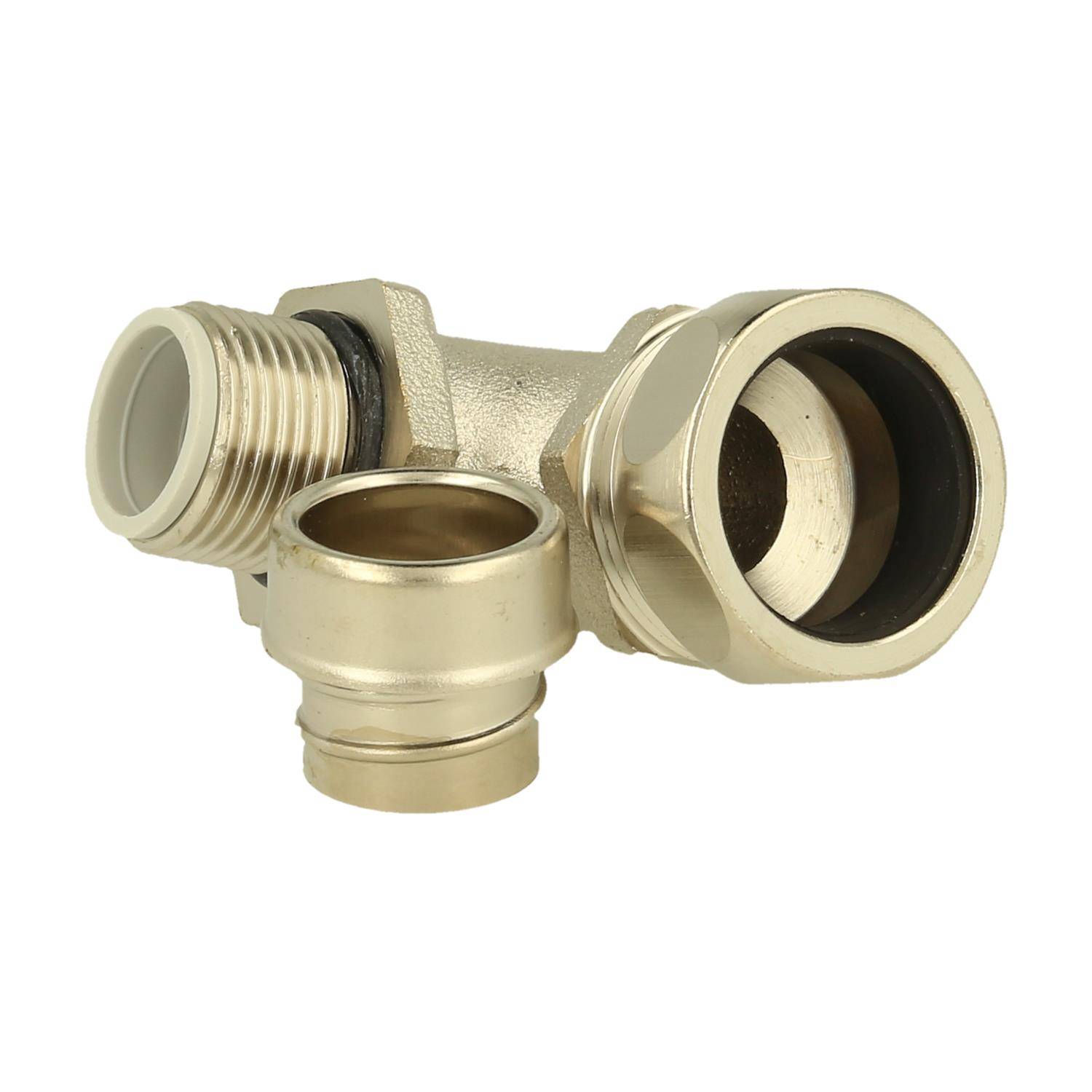 Ein Messing-Klempnerbogen mit männlichen und weiblichen Gewinden, der zum Ändern der Rohrleitungsrichtung in Sanitärsystemen verwendet wird.