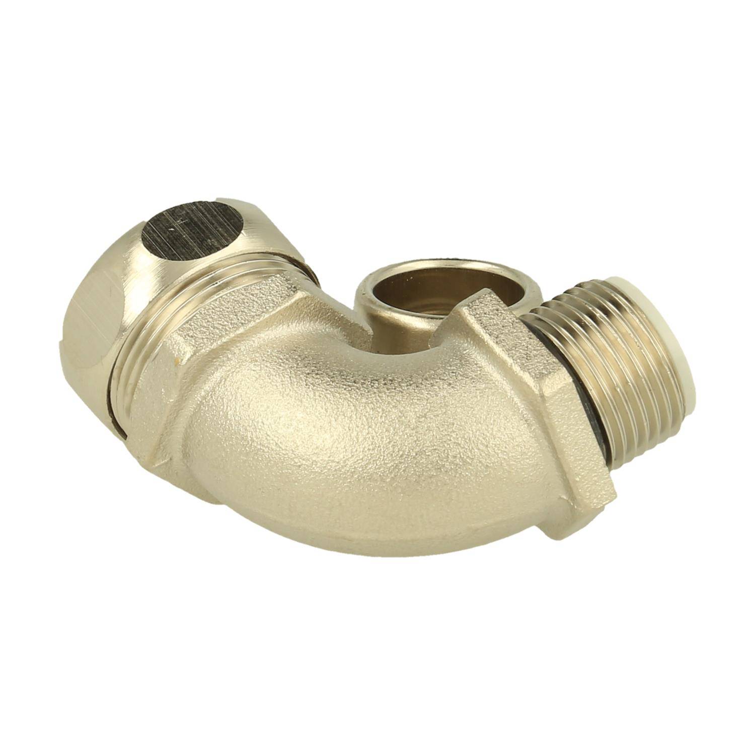 Ein Metallrohrbögen mit Gewindeende und Kappe, der zur Lenkung von Flüssigkeits- oder Gasströmung in einem 90-Grad-Winkel verwendet wird.