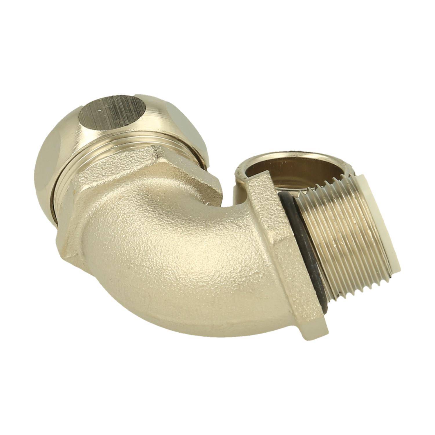 Messing-90-Grad-Bögen mit Gewinde, verwendet zur Verbindung von Rohrleitungssystemen.
