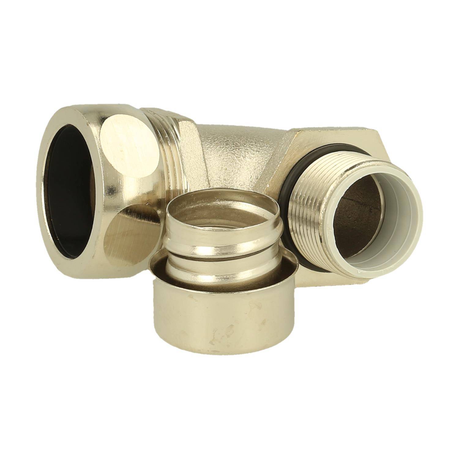 Ein Messingröhrenbogen mit Gewindeenden und einem abnehmbaren Ring, der zum Verbinden von Rohren in einem Winkel konstruiert ist.