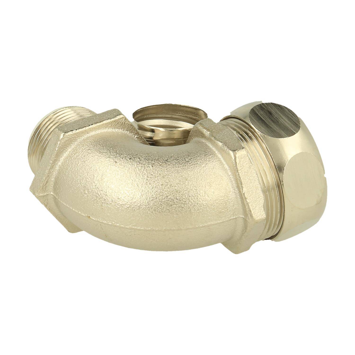 Ein Messingröhrenbogen mit Gewindeanschlüssen, der zum Verbinden von Rohren in einem 90-Grad-Winkel verwendet wird.