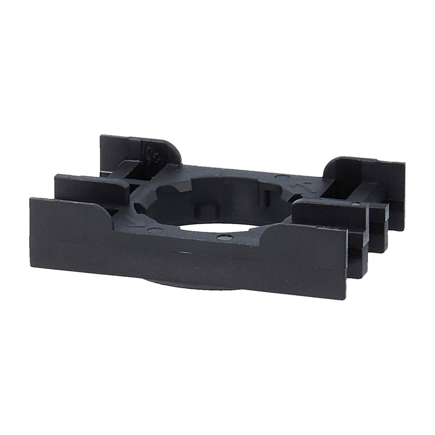 Eine schwarze, quadratische Kunststoff-Montageklammer mit einem kreisförmigen Zentrum und vier hervorstehenden Ecken, die zur Befestigung von elektronischen Komponenten verwendet wird.