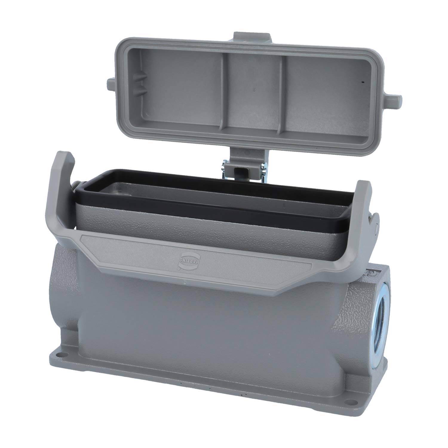 Ein grauer rechteckiger industrieller Anschlussgehäuse mit einem offenen Deckel, der sein Inneres für Verdrahtungskomponenten freilegt.