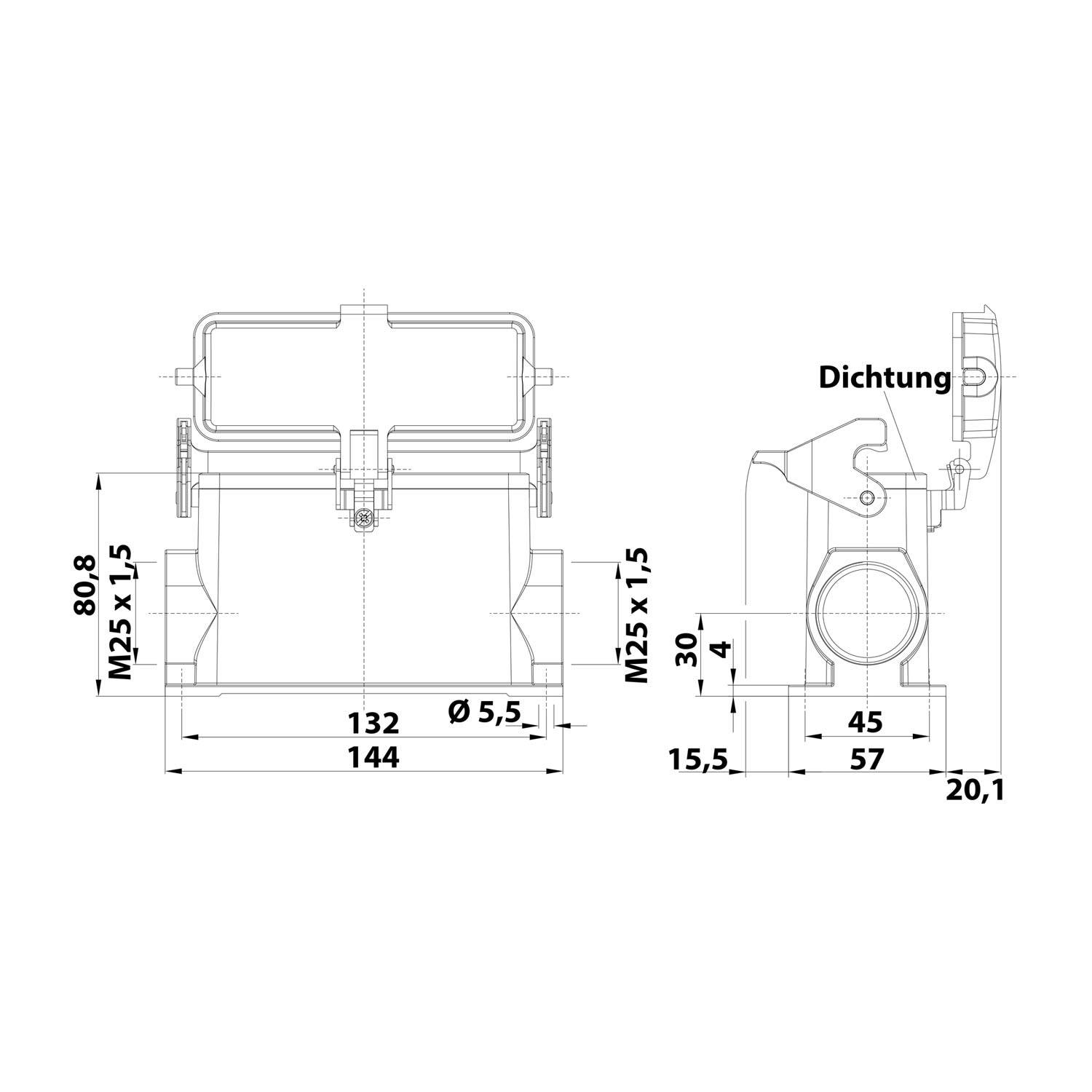 05300240276 HARTING Han 24B Sockelgehäuse hoch, 2xM25 seitlicher Kabelabgang, mit 1 Längsbügel mit Schutzkappe