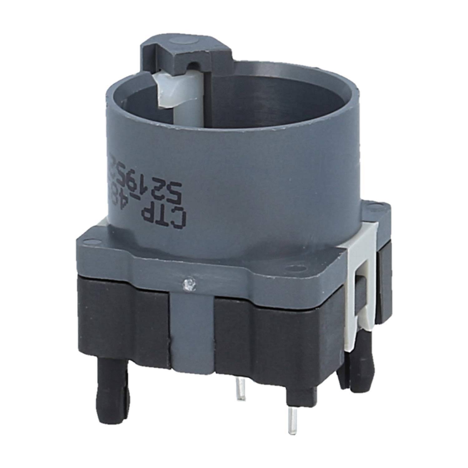 Ein grau-schwarzer elektronischer Drehgeber mit vier Metallstiften an der Basis, der für präzise Rotationsanpassungen in elektronischen Geräten verwendet wird.