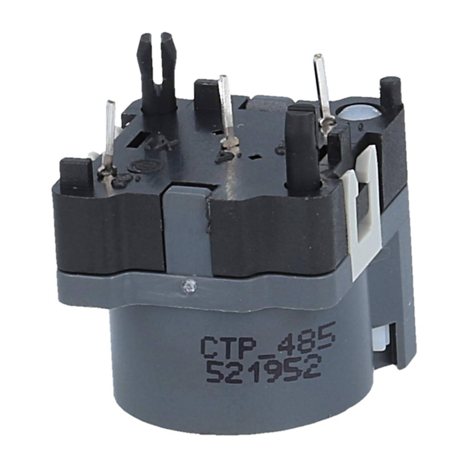 Ein dunkelgrauer zylindrischer Relaisschalter mit vier Metallstiften, beschriftet mit 'CTP 485 52195C'.