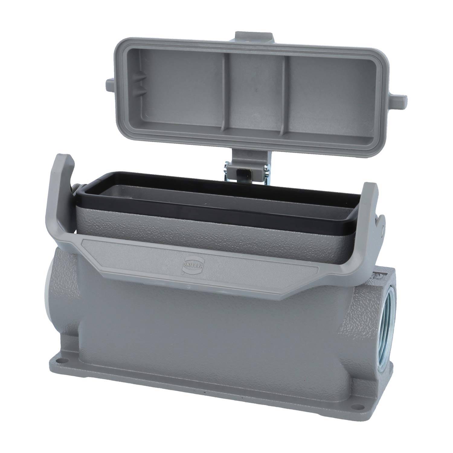 Ein grauer industrieller Verbindungsgehäuse mit einer offenen Kappe, der das Innere zur Vorbereitung der Verdrahtungsinstallation zeigt.