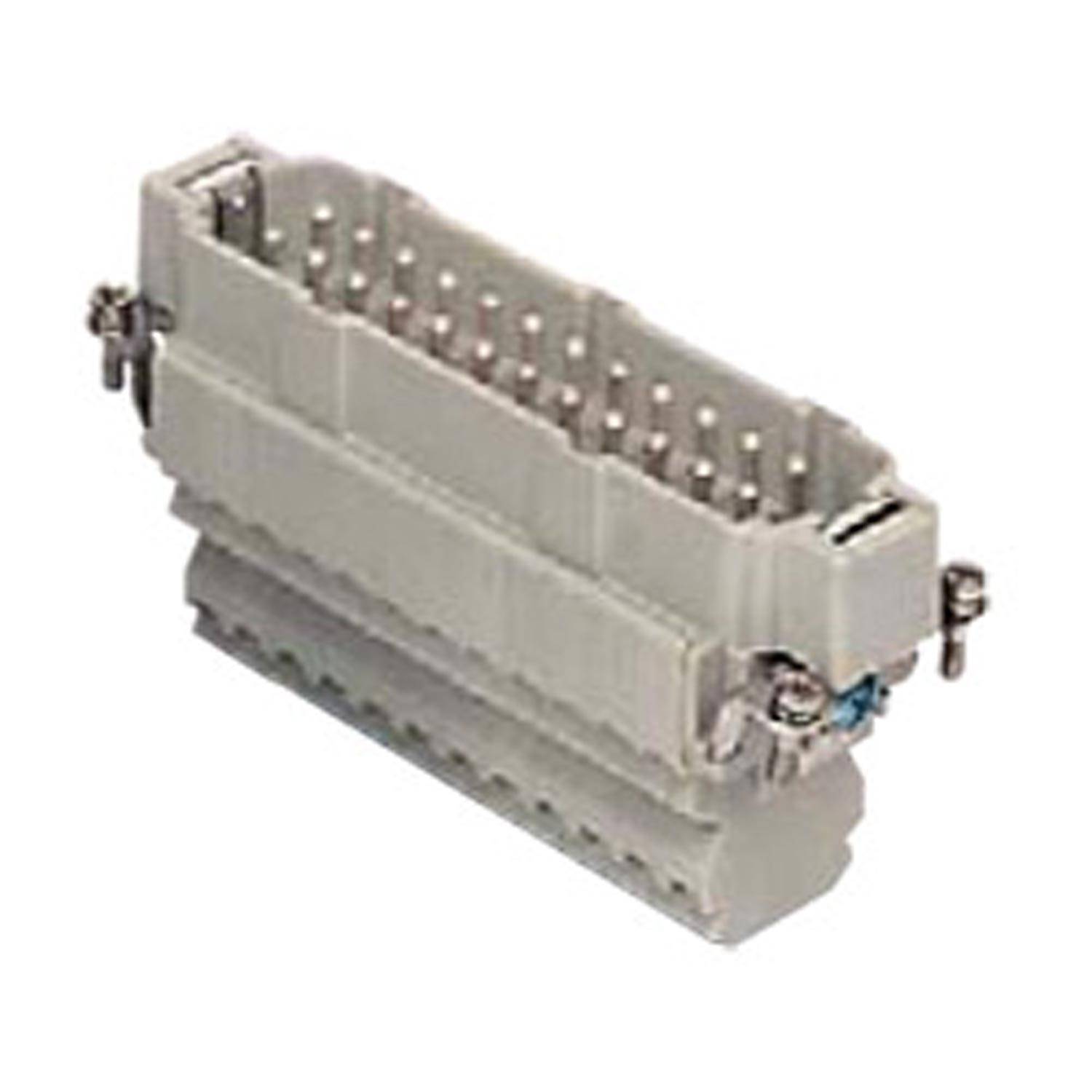 Nahaufnahme eines rechteckigen elektrischen Anschlusses mit mehreren Metallstiften. Der Anschluss ist für industrielle oder elektronische Geräte konzipiert.