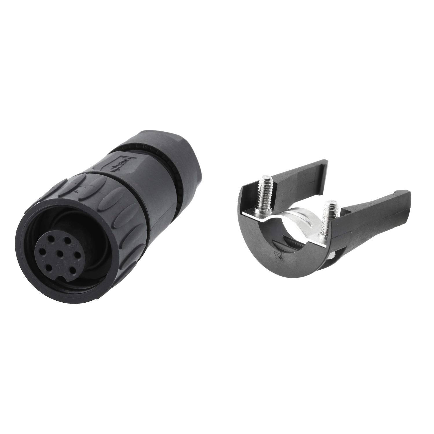 Ein schwarzer, kreisförmiger Kabelstecker und ein Metall-Koaxialkabelabisolierwerkzeug sind nebeneinander vor einem einfarbigen Hintergrund platziert.