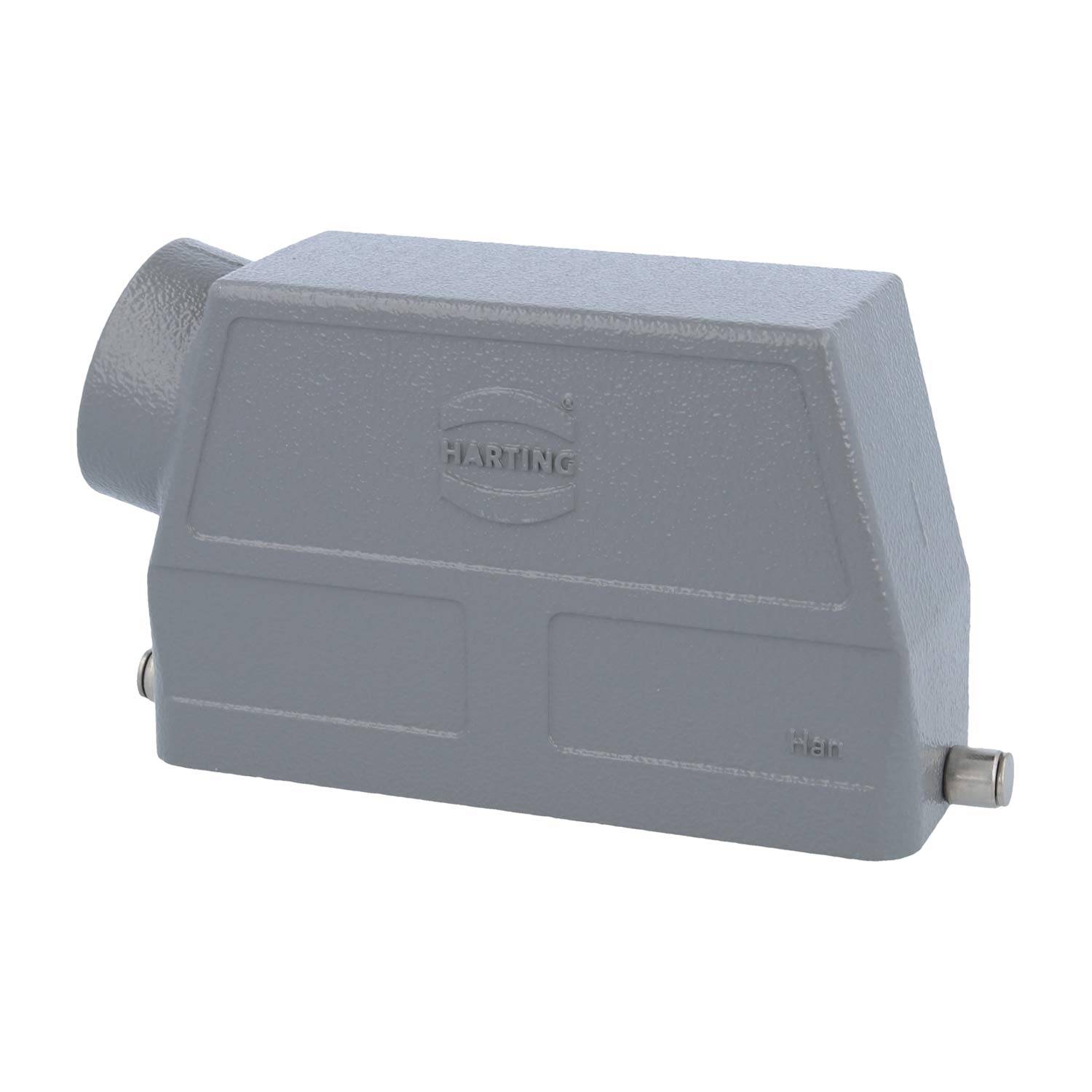 Ein graues industrielles Anschlussgehäuse mit dem Markennamen 'HARTING', der auf der Oberfläche eingeprägt ist, mit einer geneigten Oberseite und einer zylindrischen Öffnung.
