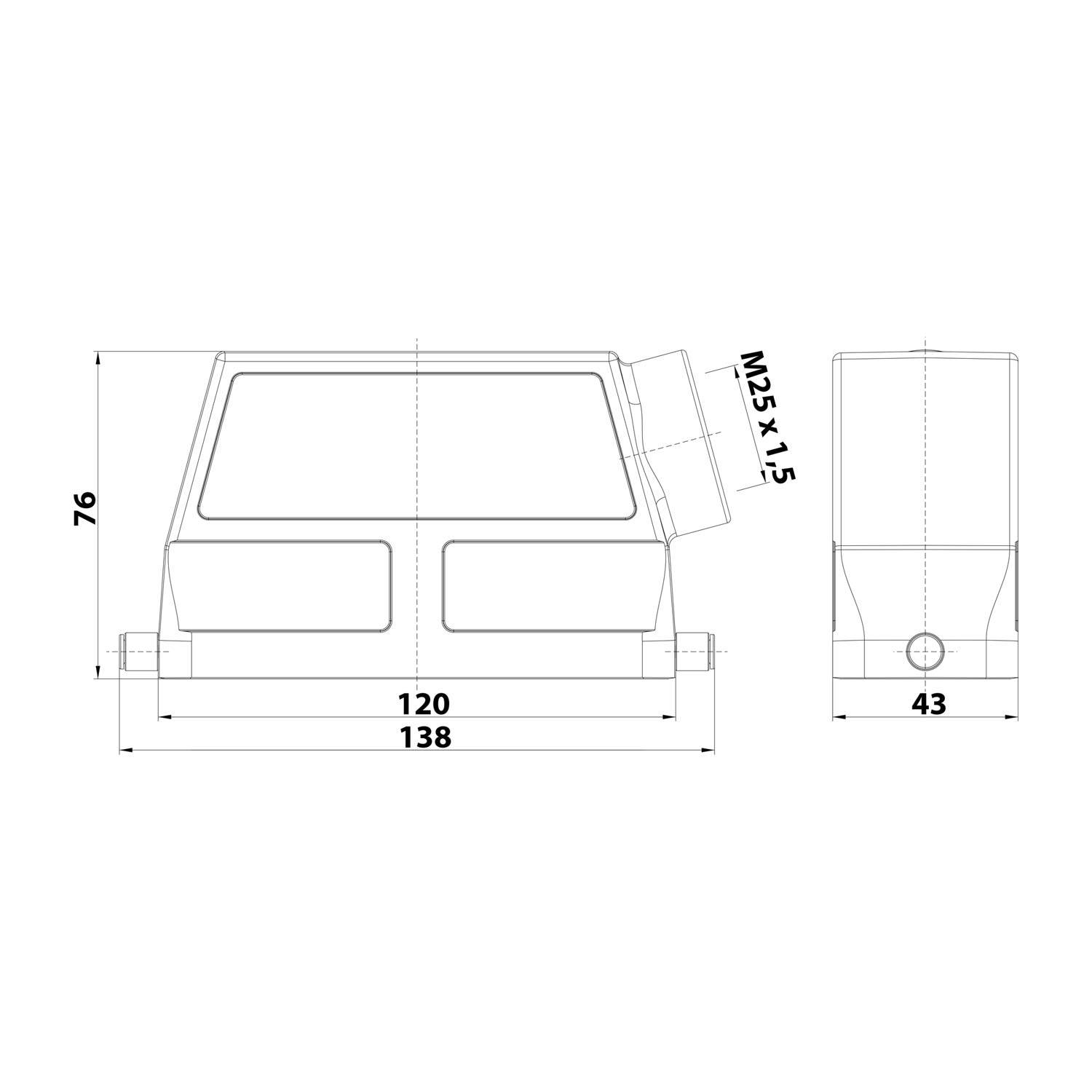 Technische Zeichnung einer mechanischen Komponente mit Maßen: Höhe 76 mm, Breite 138 mm, M25 x 1,5 Anschluss, Frontbreite 120 mm, Seitenbreite 43 mm.