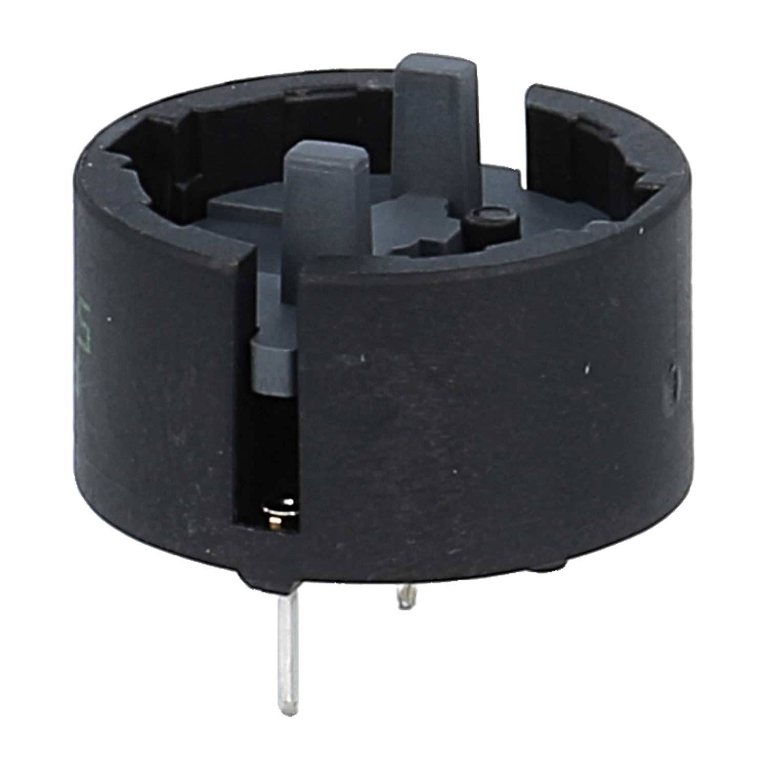 Ein schwarzer Batteriehalter aus Kunststoff, der für die Sicherung und Verbindung von Knopfzellenbatterien konzipiert ist und zwei Metallstifte zur Montage auf einer Leiterplatte aufweist.