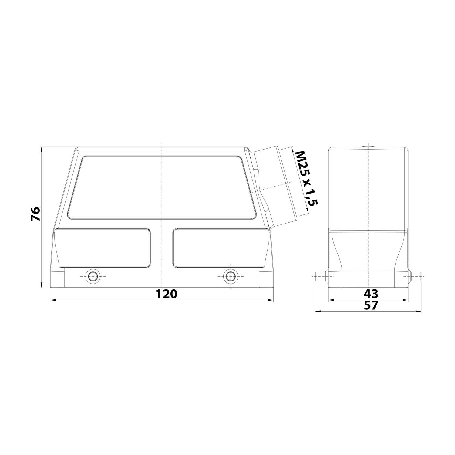 Eine technische Zeichnung zeigt die Abmessungen eines rechteckigen Bauteils: 120 mm breit, 76 mm hoch und 57 mm tief, mit einem abgewinkelten M25x1,5-Anschluss.