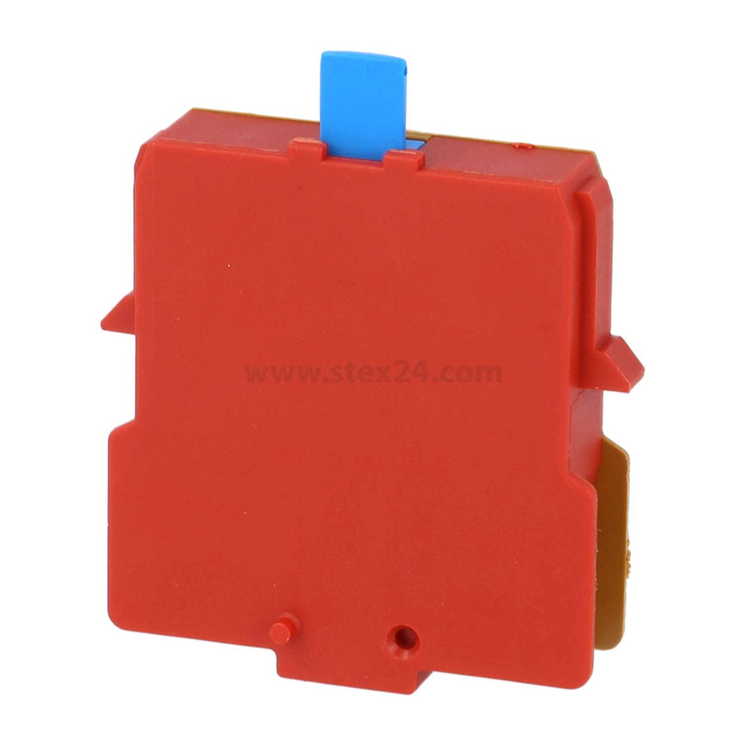 Ein roter Plastikquadratschalter mit einem blauen Griff auf der Oberseite, wahrscheinlich für elektrische oder elektronische Geräte verwendet.