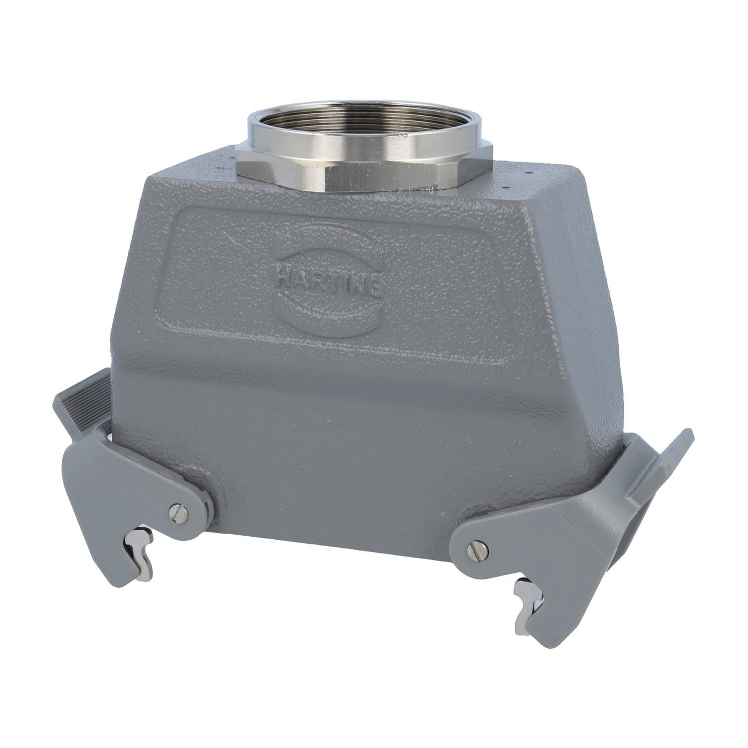 Graues industrielles Anschlussgehäuse mit Montagehebeln; mit dem 'Harting' Logo geprägt.